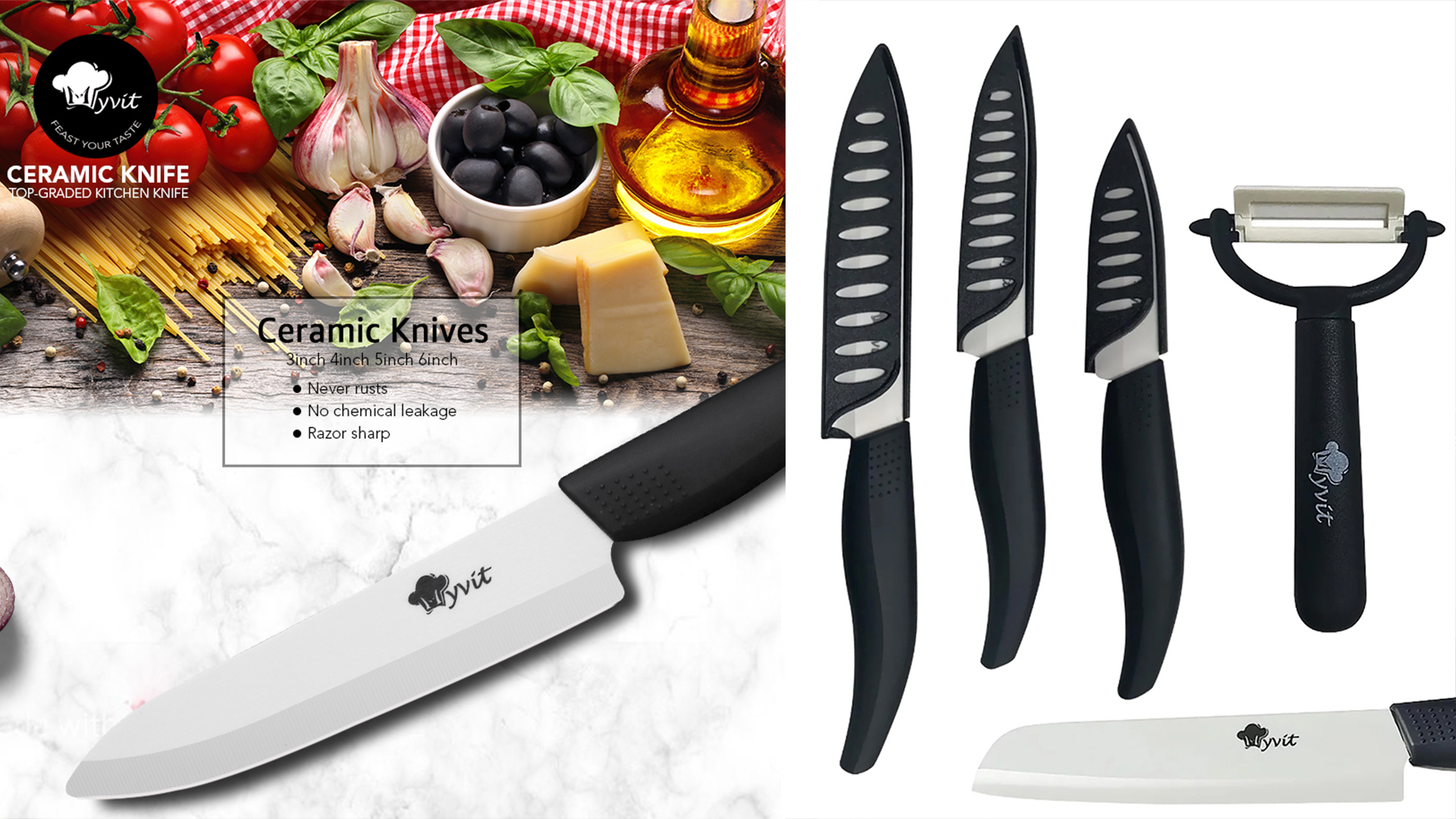 thumbnail video image 2 of Ceramic Knife Set 6" Chef Knife and 3" Paring Knife Sharp Kitchen Knives Rust Proof Stain Resistant Vegetables Cutter Tool, 2 of 8