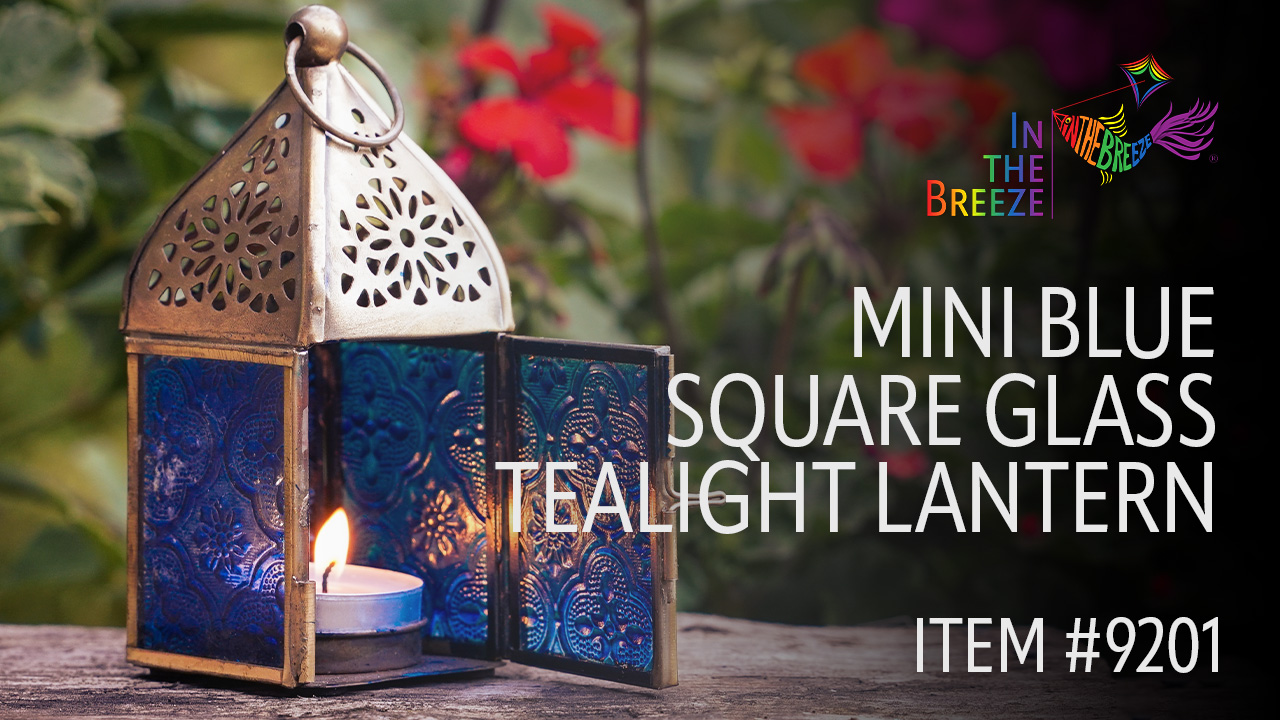 thumbnail video image 2 of In the Breeze 9201 — Blue Mini Square Tealight Lantern — Moroccan-Style Boho Chic Tealight Glass and Metal Tabletop Lantern, 2 of 6
