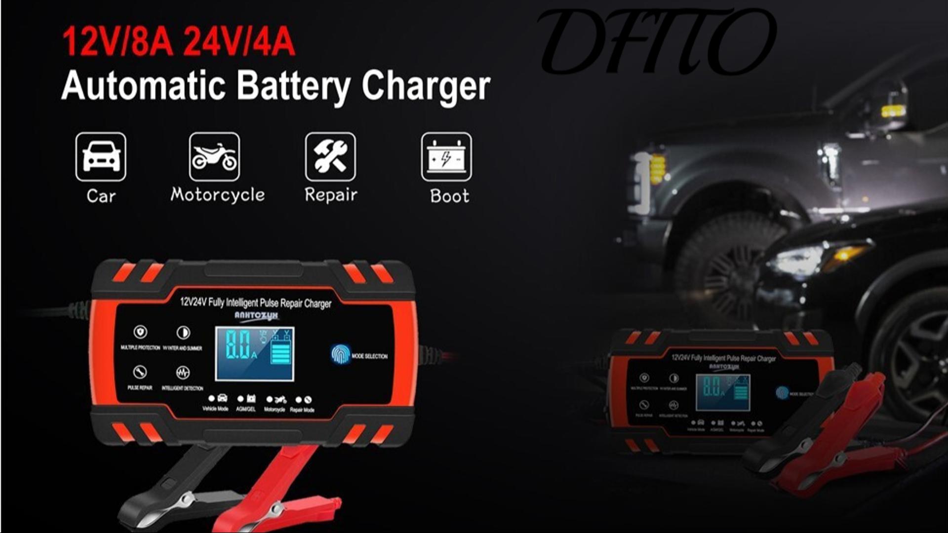 thumbnail video image 2 of Car Battery Charger, DFITO 12V/8A 24V/4A Smart Battery Trickle Charger for Car, Automotive, Vehicle, Motorcycle, 2 of 15