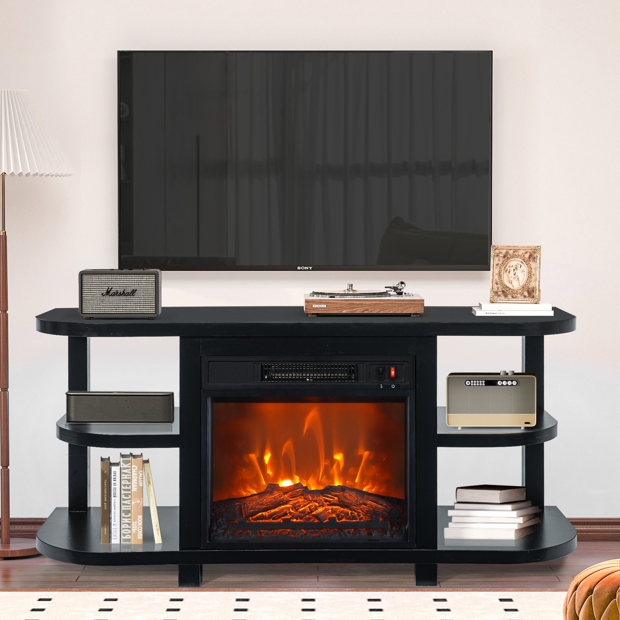 thumbnail video image 2 of IHOMEadore Fireplace TV Stand, 55" Entertainment Center Console with 18" Electric Fireplace, 2 of 14