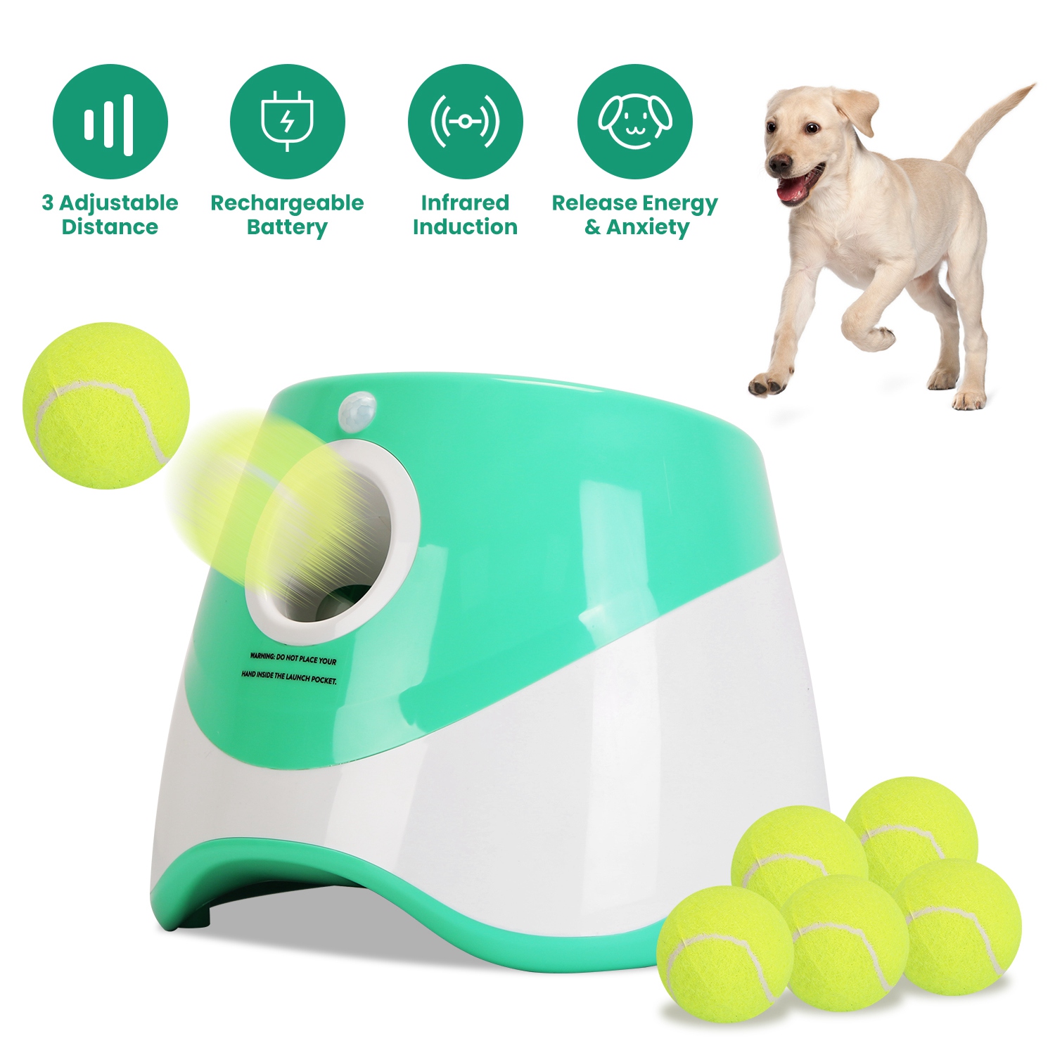 thumbnail video image 2 of TeqHome Automatic Dog Ball Launcher Interactive Dog Toys Outdoor Ball Thrower for Dogs 3 Adjustable Distances 6 Balls, 2 of 9