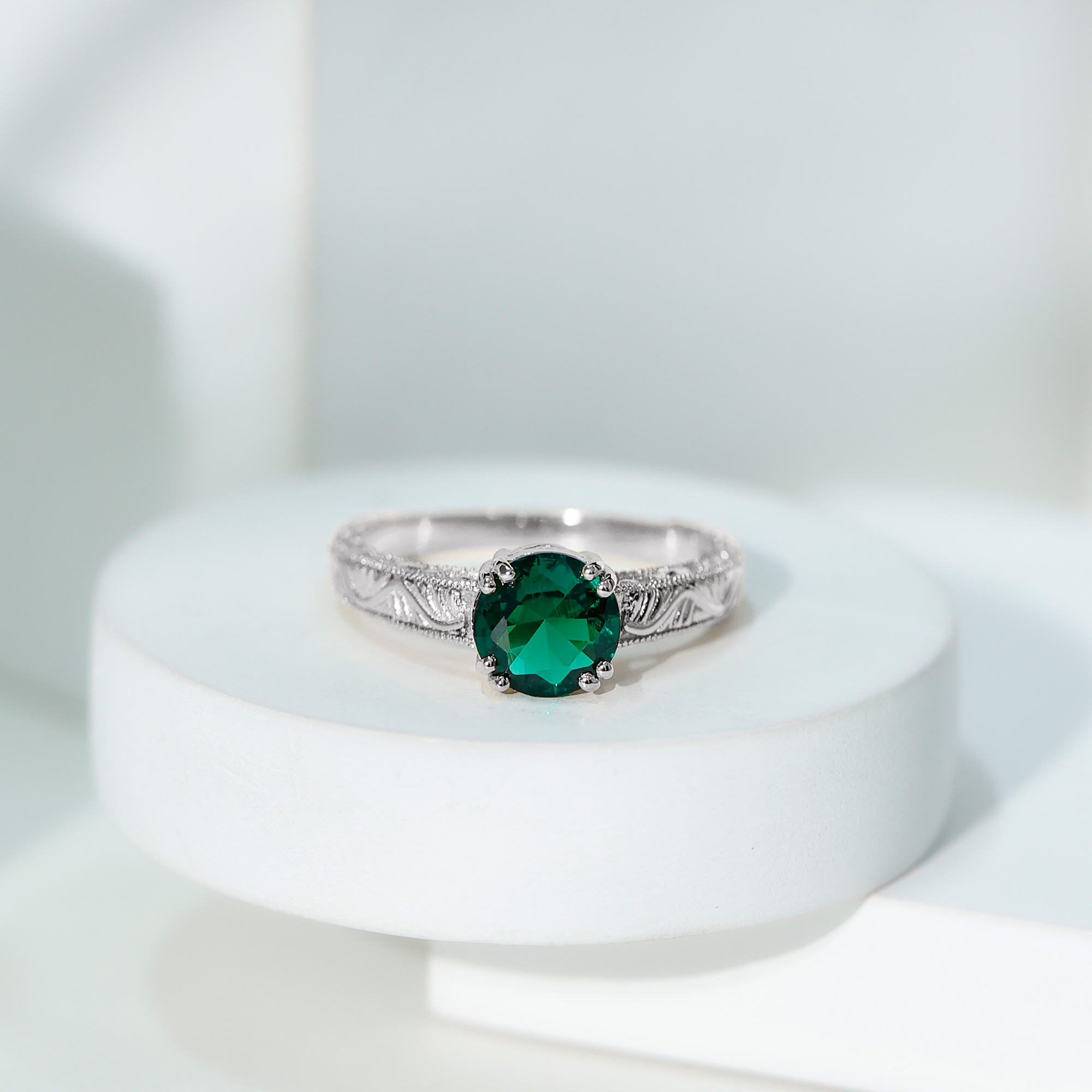 thumbnail video image 2 of Rosec Jewels Lab Created Emerald Solitaire Gold Engraved Ring for Women (8 mm, AAAA Quality), 10K Yellow Gold, US 6.50, 2 of 8