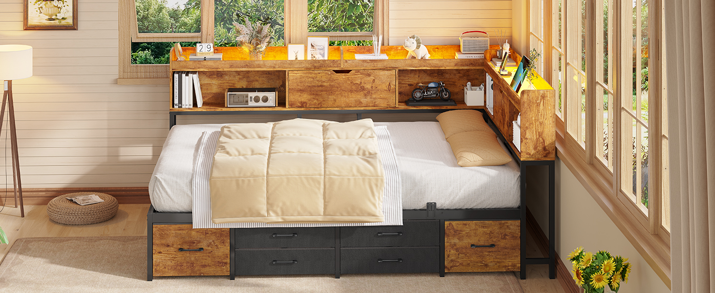 thumbnail video image 2 of Corner Bed Frame Twin Size with 6 Drawers and Storage Bookcase, Twin Daybed with Charging Station & Led Lights, Metal Platform Beds for Living Room Bedroom,White, 2 of 16