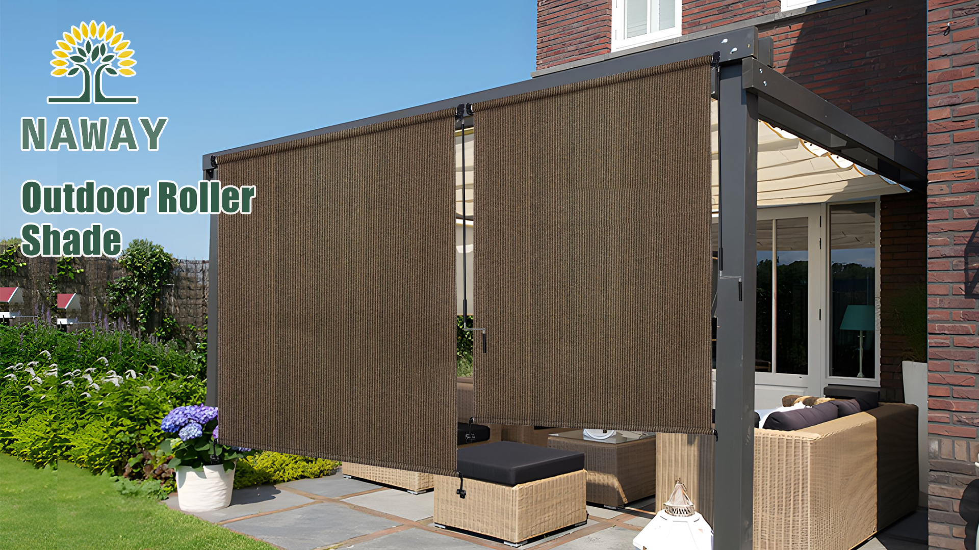 thumbnail video image 2 of NAWAY 6'W x 6'H Cordless Outdoor Roller Shades,220 GSM HDPE Fabric,90% UV Protection Exterior Roll up Blinds for Porch,Gazebo,Balcony,Coffee Brown, 2 of 8