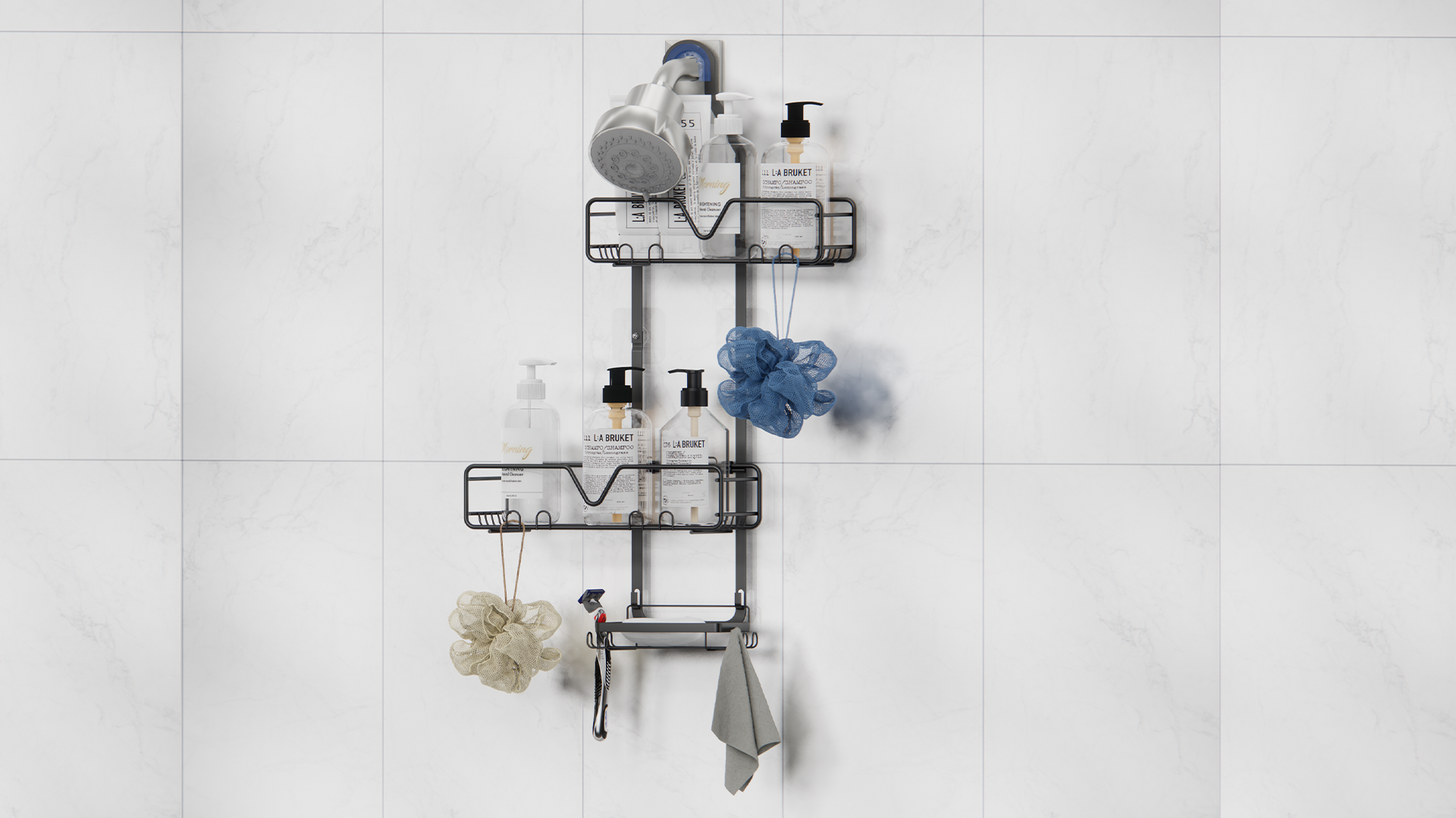 thumbnail video image 2 of Topritt Shower Caddy Hanging Bathroom Organizer, Adjustable Shower Racks Over Shower Head, Rustproof, No-Drill Organizer, Large Storage Shelf for Shampoo Bottles with Soap Holder, Black, 2 of 10