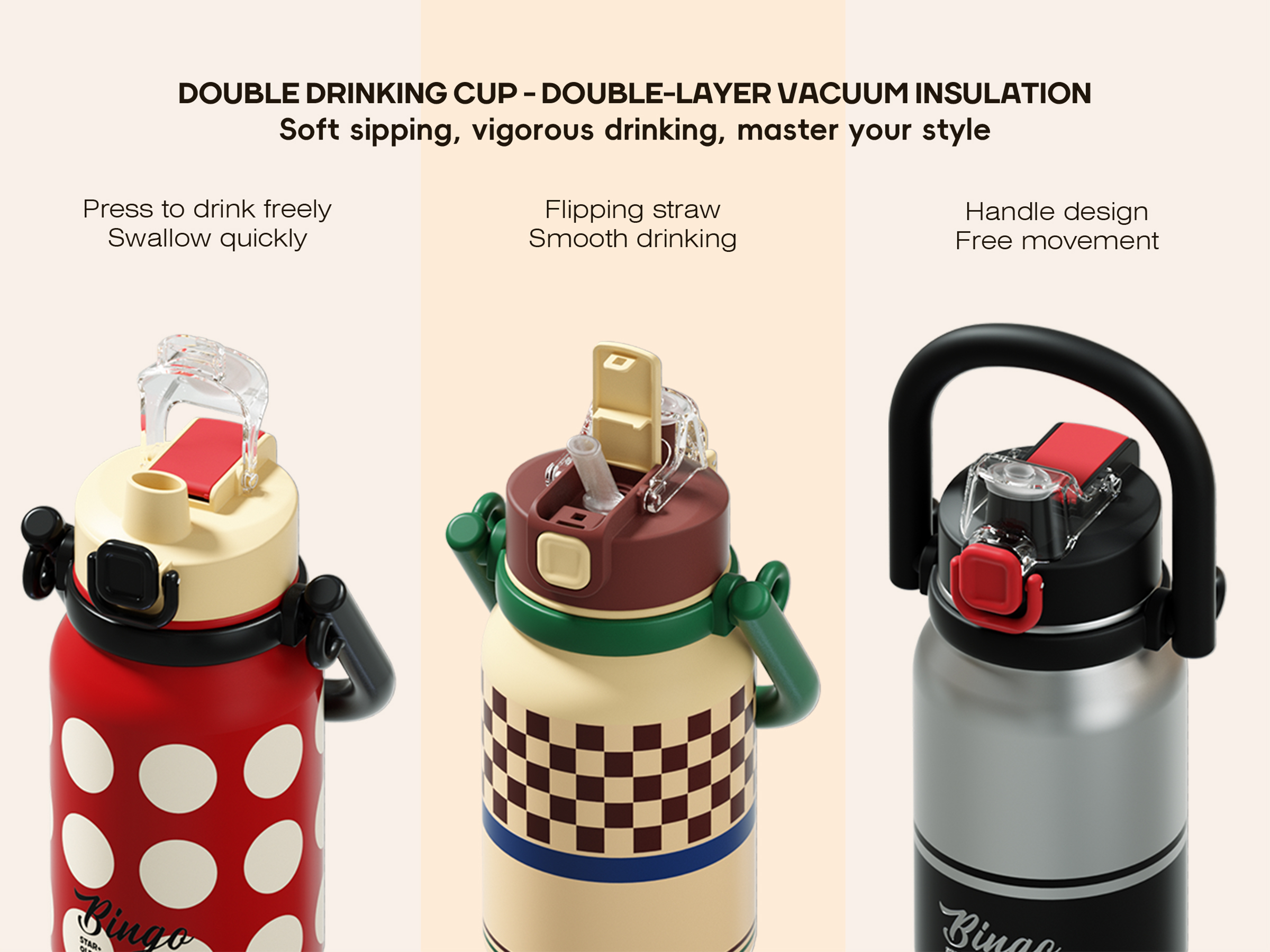 thumbnail video image 2 of Sidagar 32 oz Vintage Stainless Steel Insulated Water Bottle with Straw Lid and Handle, Leakproof, Red Polka Dot, 2 of 8