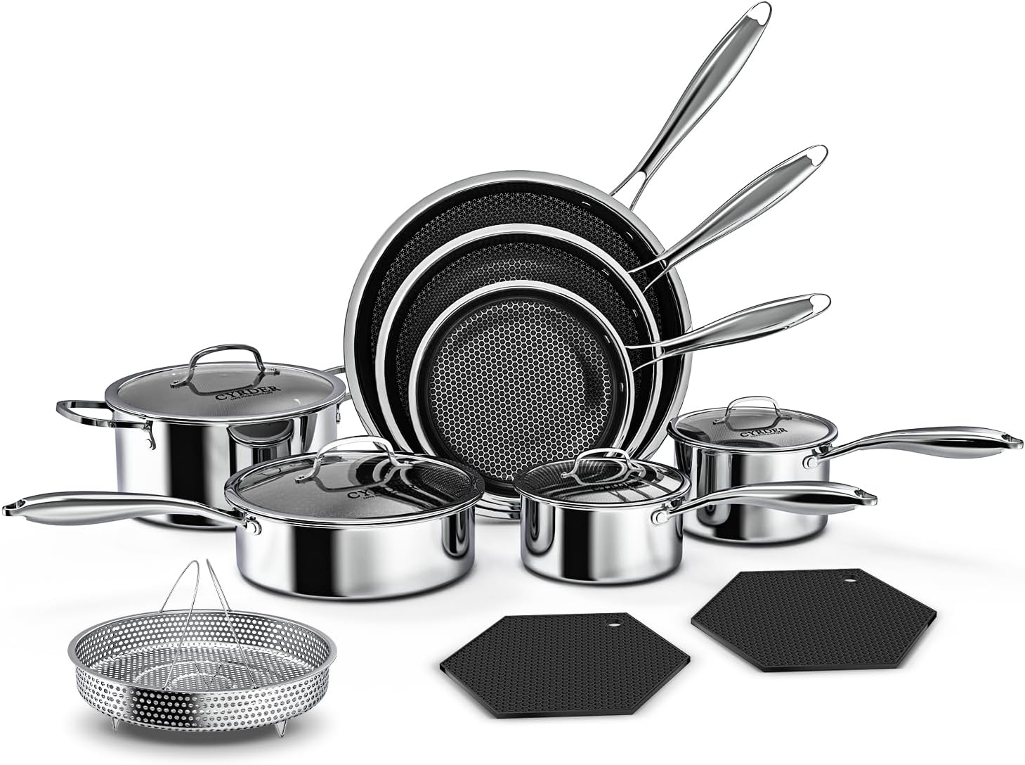 thumbnail video image 2 of Nonstick Pots and Pans Set, 14 Piece Hybrid Hex Non Stick Stainless Steel Cookware with Frying Pans, Saute Pan, Saucepans & Stock Pot - Induction Compatible, Dishwasher &Oven Safe, 2 of 10