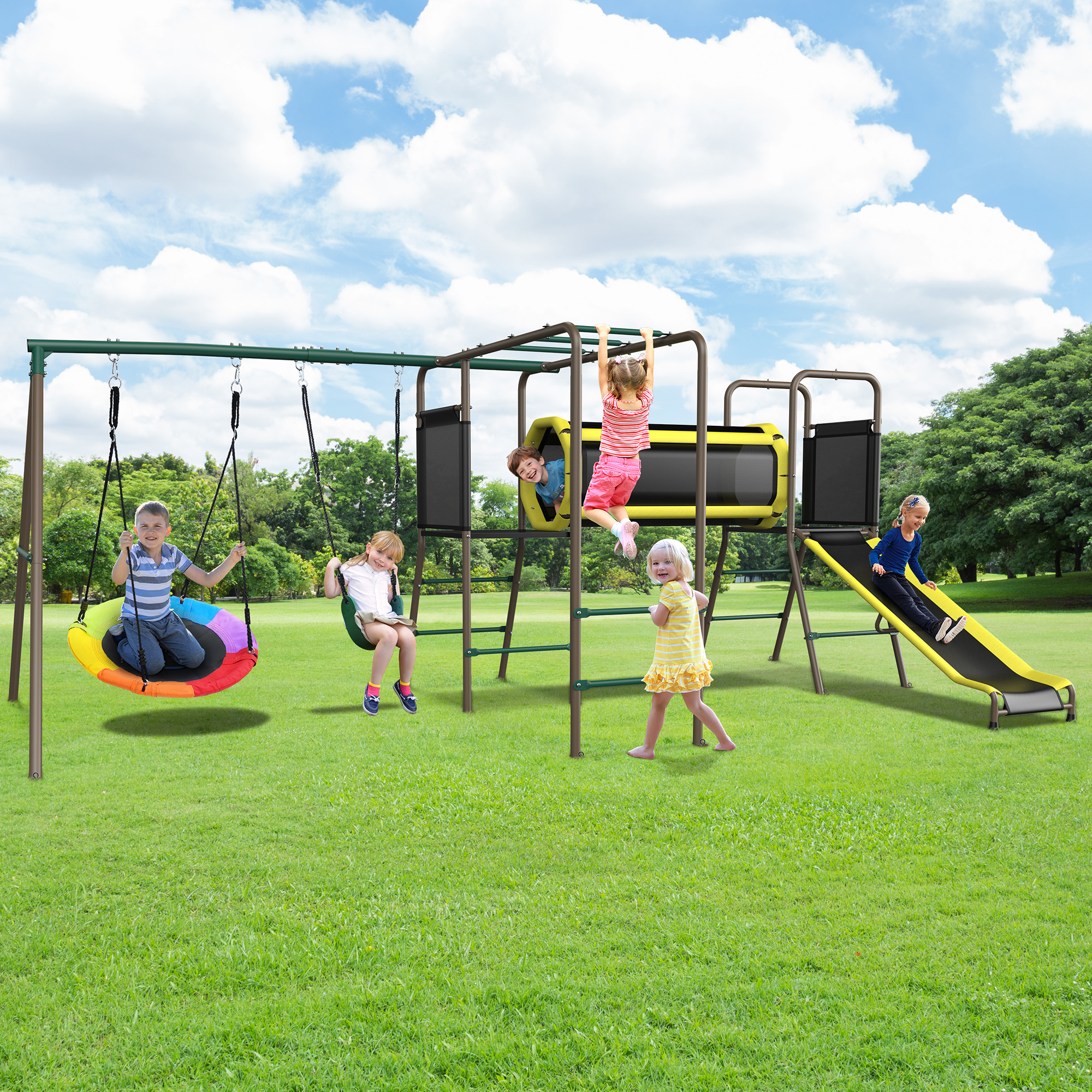 thumbnail video image 2 of KloKick 5-in-1 Heavy Duty Metal Swing Set for Kids Backyard, with Slide, Monkey Bars, Saucer Swing & Tunnel, ASTM Safety Certified, Ages 3-12, 660lbs Capacity, 2 of 15