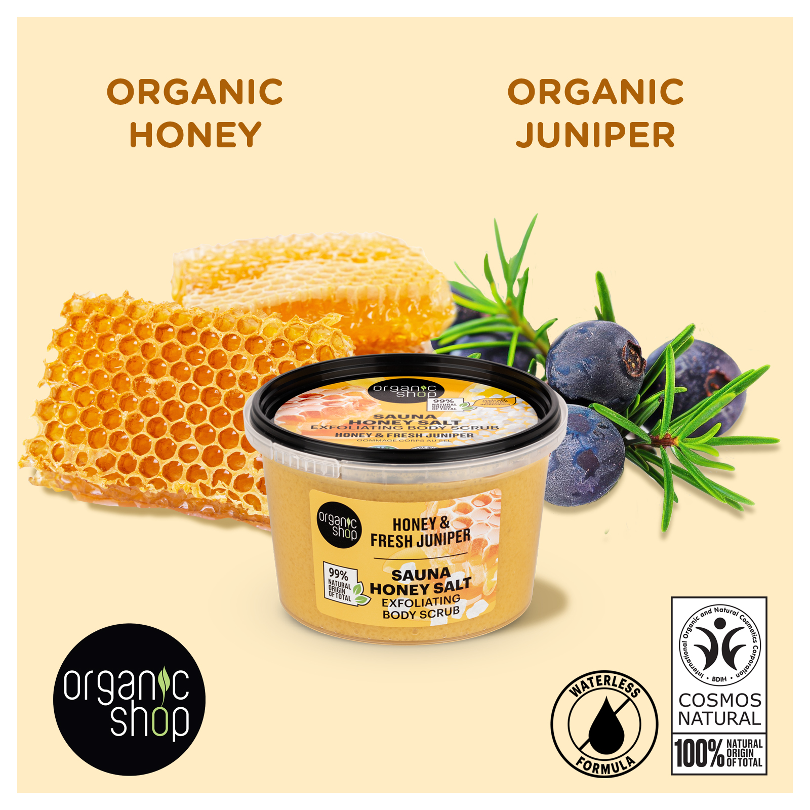 thumbnail video image 2 of Organic Shop Honey Salt & Juniper Hydrating & Exfoliating Body Scrub, 100% Vegan & Organic, Daily Exfoliant, Detox & Moisturizer, Body, Face, Hand & Foot, Intensive Care & Skin Toning. 250ml., 2 of 9
