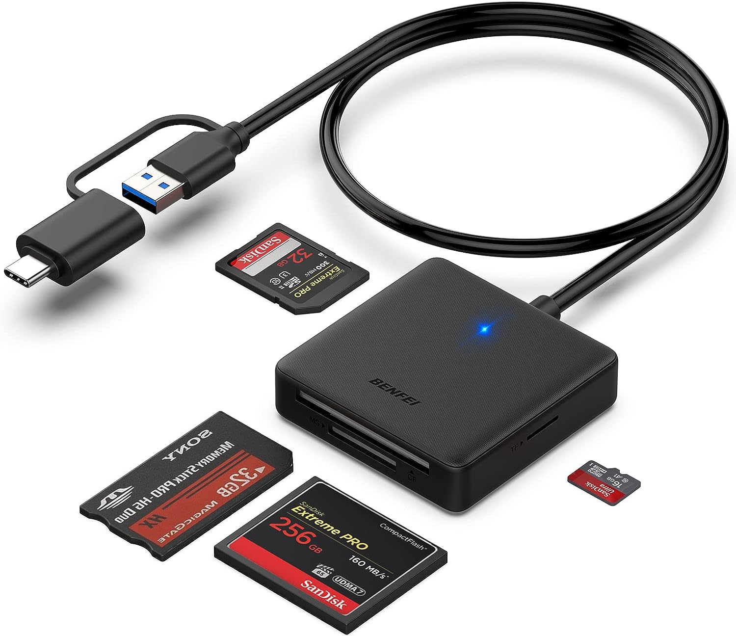 thumbnail video image 2 of Memory Card Reader, BENFEI 4in1 USB USB-C to SD Micro SD MS CF Card Reader Adapter Compatible with iPhone 15 Pro/Max, MacBook Pro/Air 2023, iPad Pro, iMac, S23, XPS 17, Surface Book 3 and More, 2 of 9