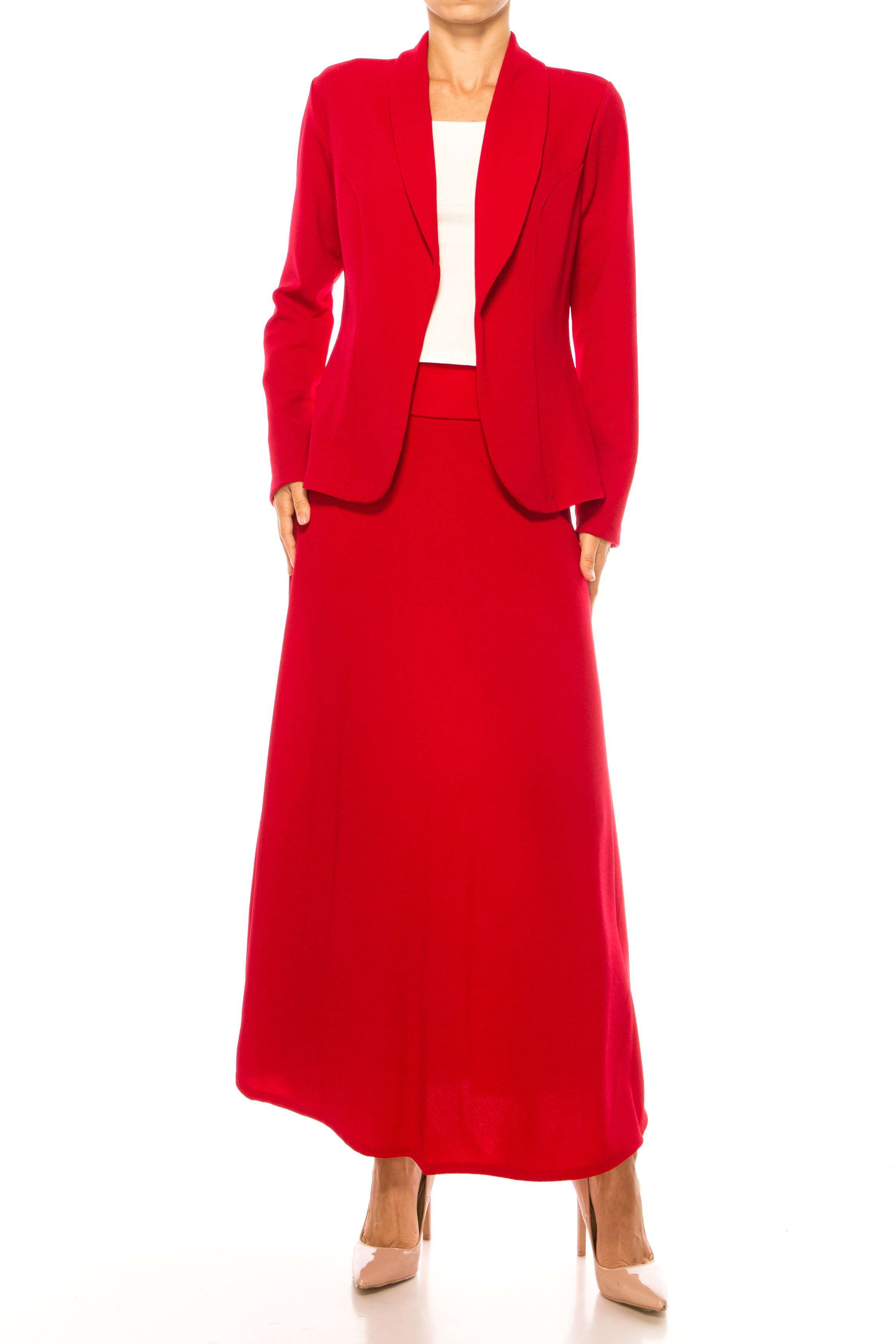 thumbnail video image 2 of Women's 2-Piece Solid Set Open Front Blazer and Matching Long Skirt, 2 of 7