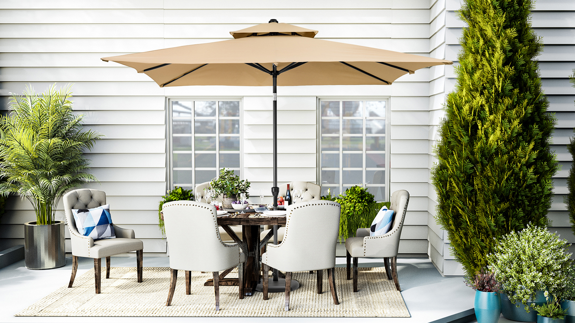 thumbnail video image 2 of Pellebant 10 x 6.5 ft Patio Outdoor Umbrella Rectangular Double Top Market Umbrella in Tan, 2 of 11