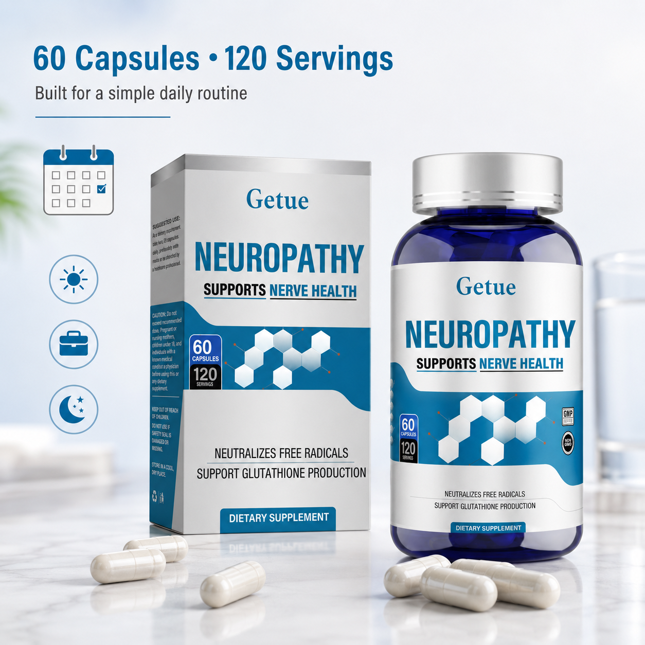 thumbnail video image 2 of Getue Nerve Health Support Capsules 600mg, Advanced Dietary Supplement for Peripheral Nerve Comfort, Antioxidant and Glutathione Production 120 Count, 2 of 10