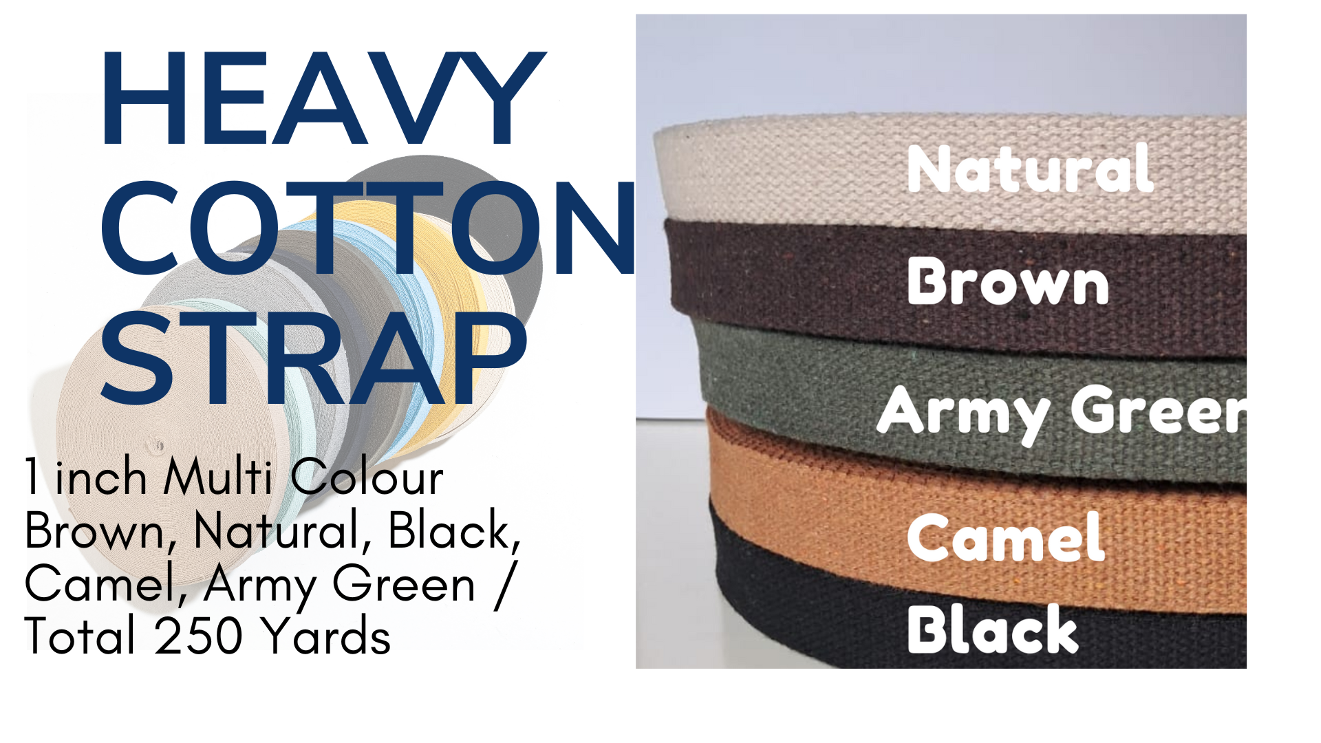 thumbnail video image 2 of Dream Trimming Goods 1" x 50 Yards x 5 Colors Cotton Webbing Set (250 Yards Total) – Heavy, Durable Webbing for Bag Handles & Sewing – Natural, Black, Brown, Army Green, Camel, 2 of 13