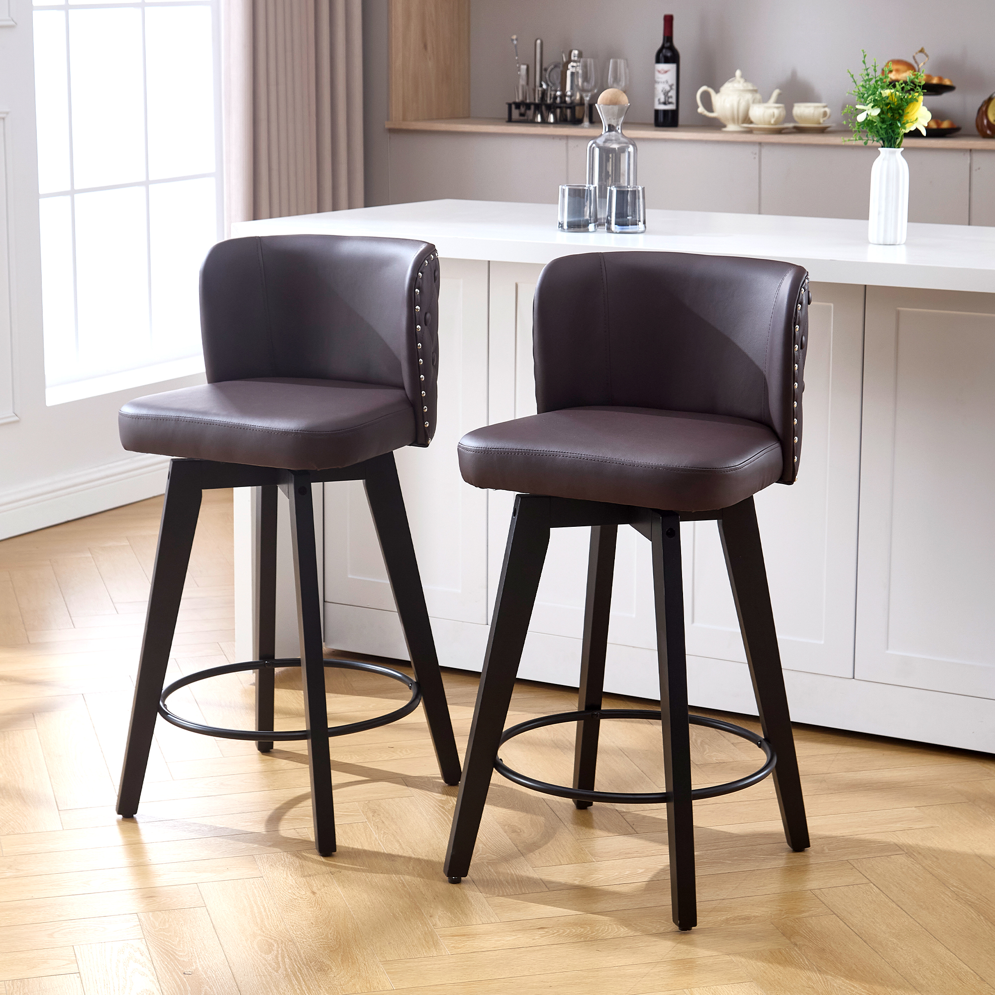 thumbnail video image 2 of TEWLOSS 4 Black Counter Stools Set 27.5" - Swivel PU Leather, Tufted Back for Kitchen Island, 2 of 9