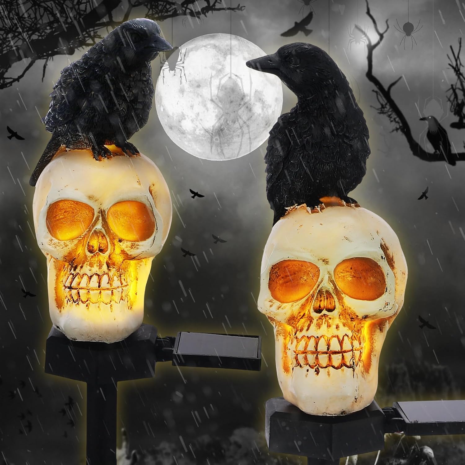 thumbnail video image 2 of PMMIPNW Halloween Raven Skull Light - Outdoor Solar Light Yard Decor with Glowing Skulls & Crows, Spooky Atmosphere for Halloween Decorations, Crows looking ahead, 2 of 9