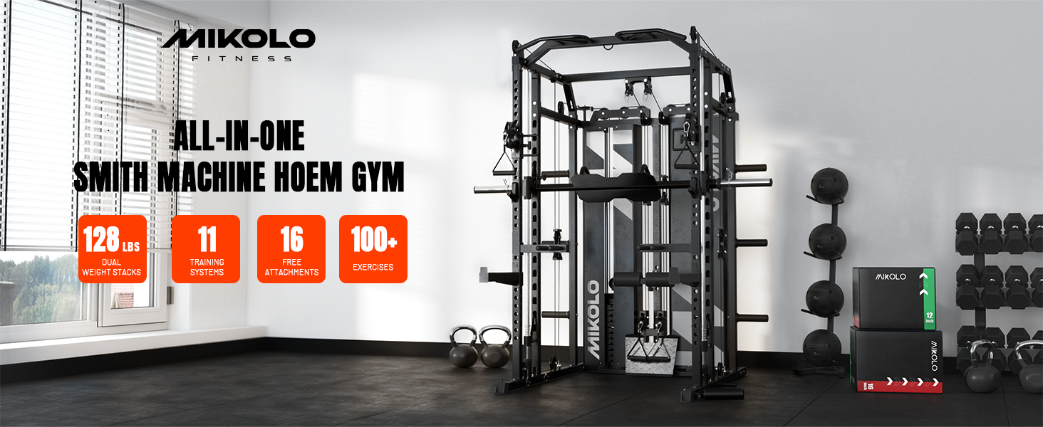 thumbnail video image 2 of Mikolo Horus Smith Machine & Functional Trainer, 2×2"Uprights (33 Holes), Dual 128LBS Weight Stack, Dual High/Low Cables, Full Body Workout Home Gym, 2 of 13