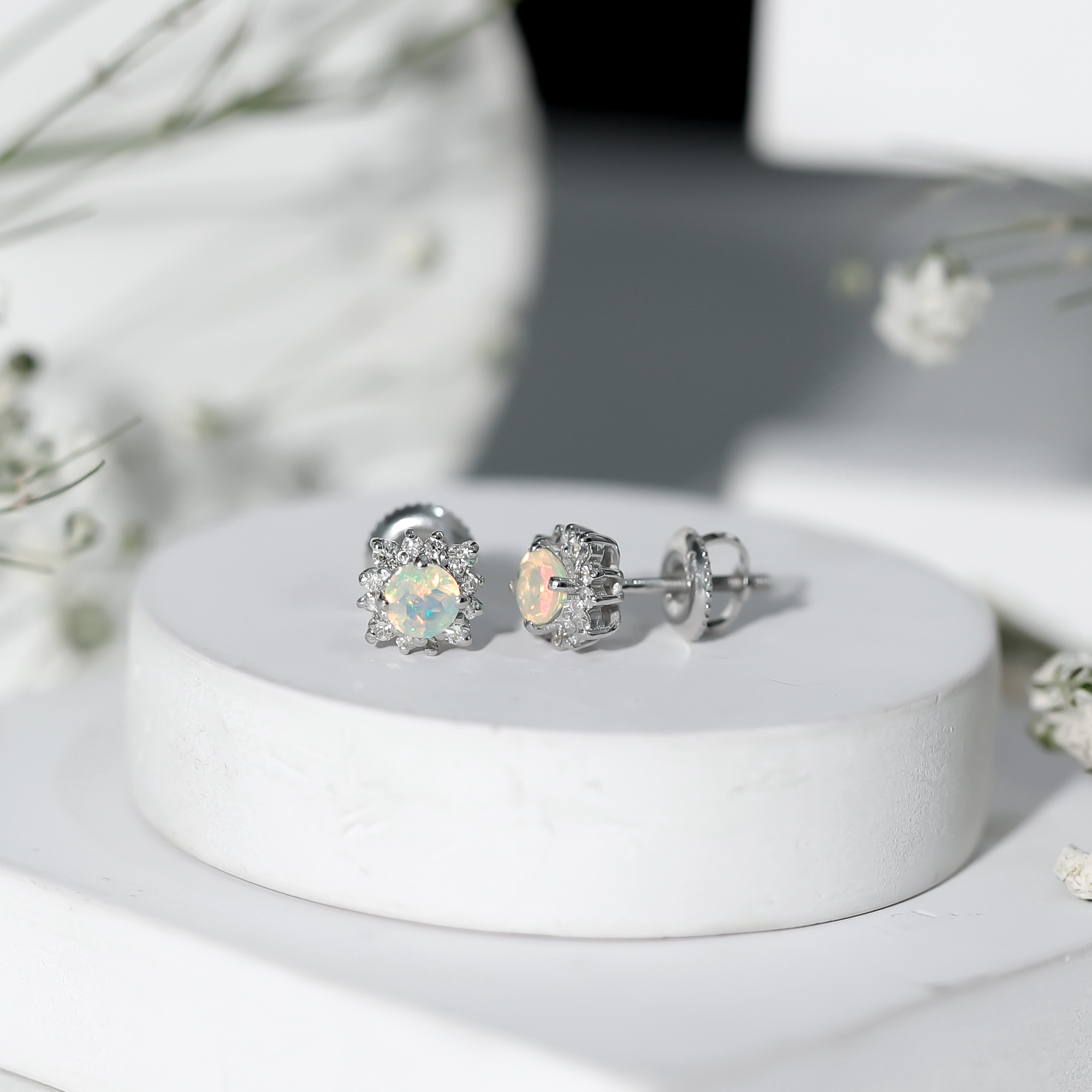 thumbnail video image 2 of Rosec Jewels Natural Ethiopian Opal Stud Earrings with Diamond Halo for Women - AAA Grade, 10K White Gold, 2 of 8