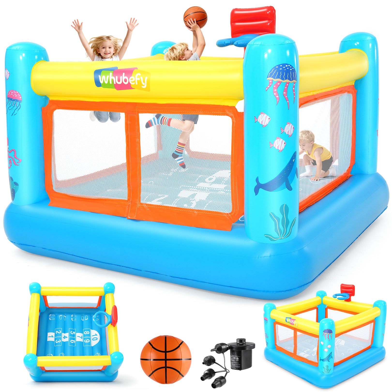 thumbnail video image 2 of Adnoom Bounce House for Kids 3-6, PVC Inflatable Bounce House with Basketball Hoop, Indoor Bouncy House with Blower, Outdoor Jumping Castle with Game Map & Basketball, 2 of 9