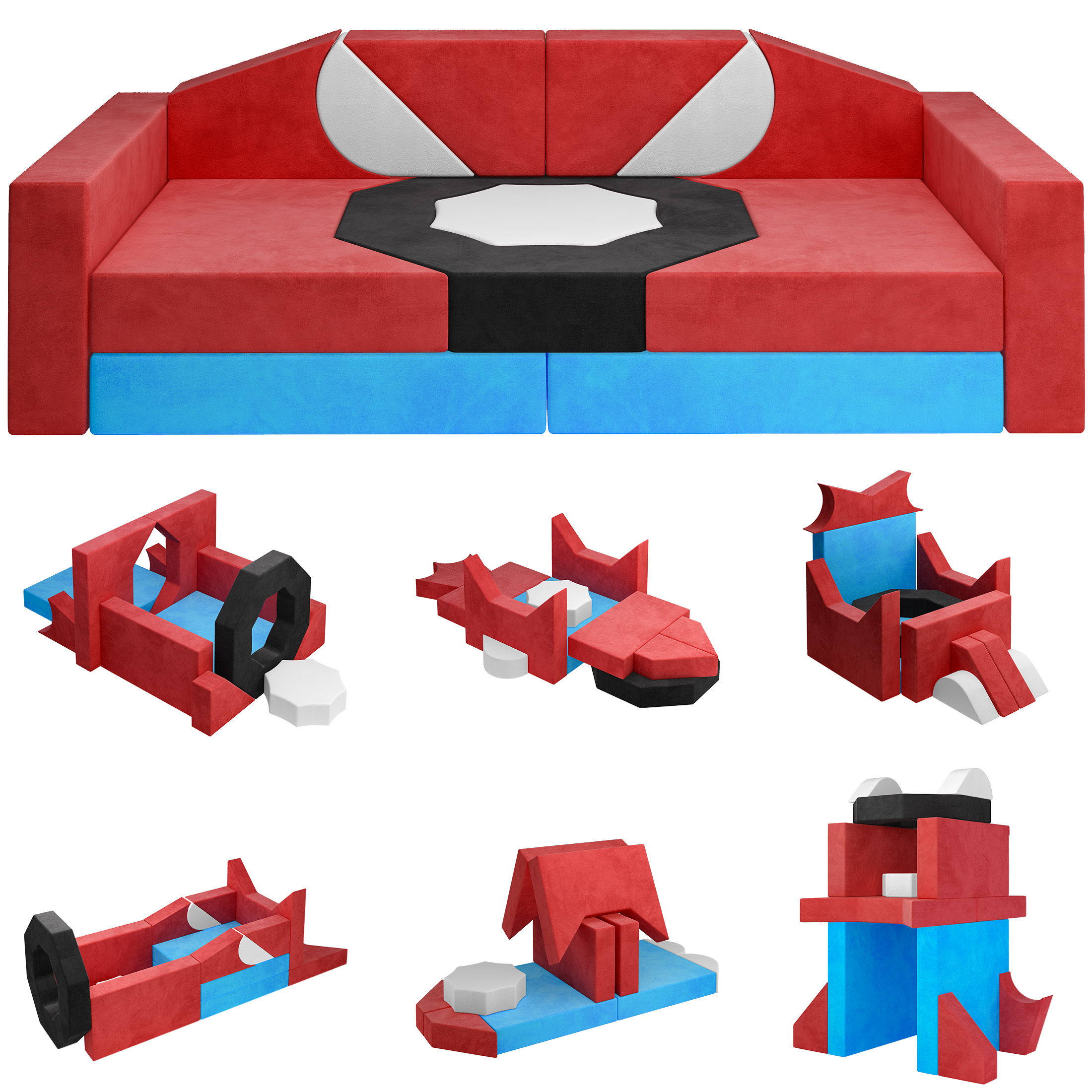 thumbnail video image 2 of Modular Kids Play Couch Set for Toddlers Playroom, 14PCS Large Foldable Soft Kids Sofa, 3 in 1 Foam Convertible Couch Fort Building Floor Bed for Boys 3-5, Washable Velvet, Red, 2 of 11