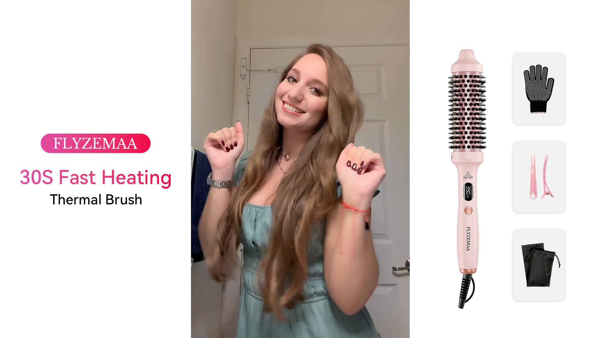 thumbnail video image 2 of Thermal Brush, FLYZEMAA 1 1/2 inch Heated Round Brush with 3 Temperature Settings, Easy to Create Blowout Look, Pouch and Dual Voltage for Travel(Pink), 2 of 14