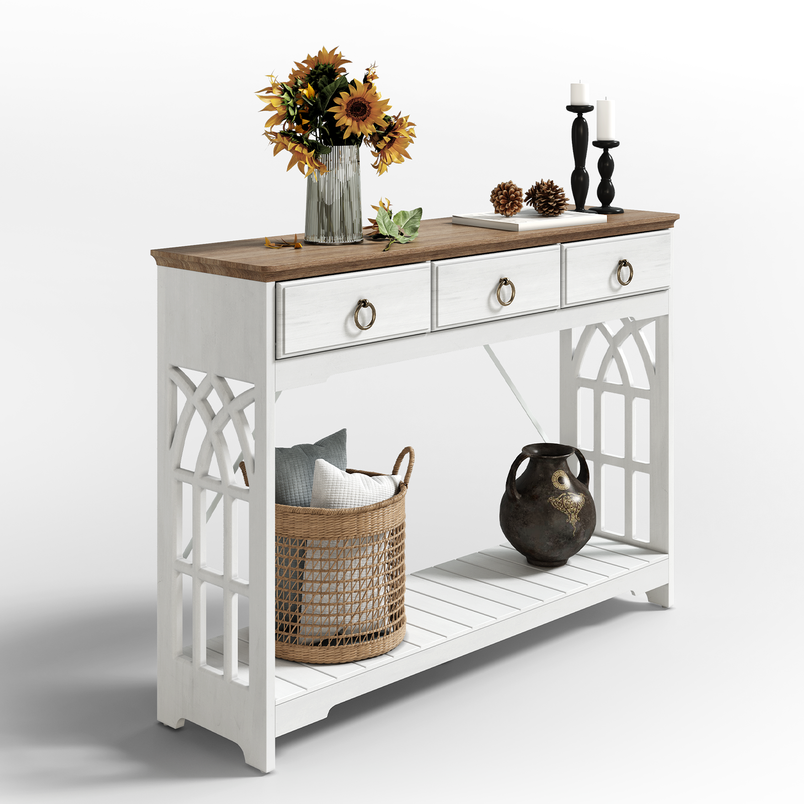 thumbnail video image 2 of JOINICE Farmhouse Entryway Table with Drawers and Shelf,Long Console Table with Wood Leg,Sofa Table for Living Room,Hallway,White, 2 of 8
