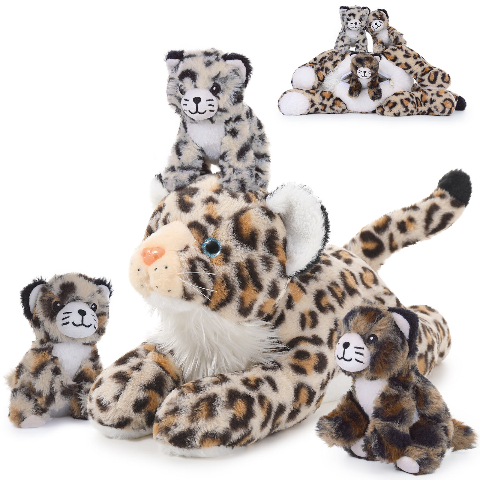 thumbnail video image 2 of MorisMos 18" Cheetah Stuffed Animals Mommy Stuffed Leopard with 3 Baby Plush Toys, 2 of 9