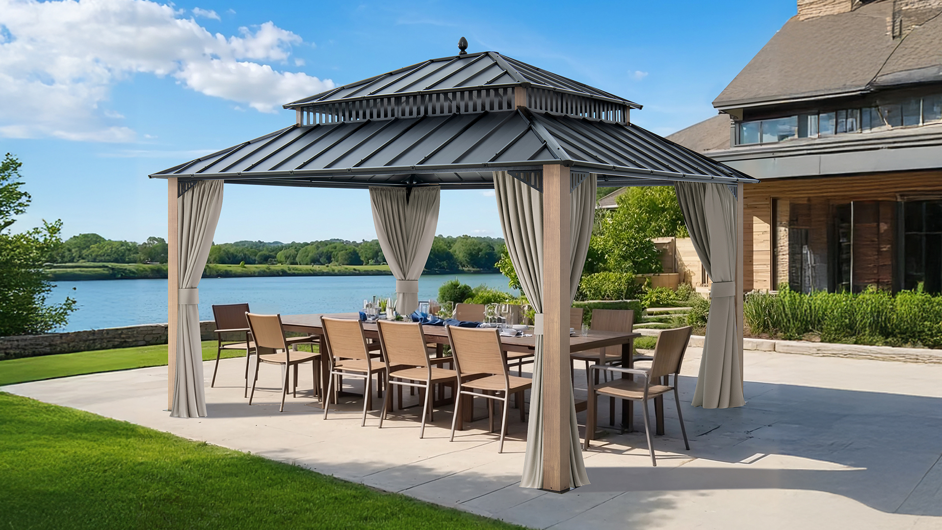 thumbnail video image 2 of Sunjoy 14x12 ft . Outdoor Gazebo Steel Hardtop Gazebo with Curtain and Netting ,Kingston Series, 2 of 16