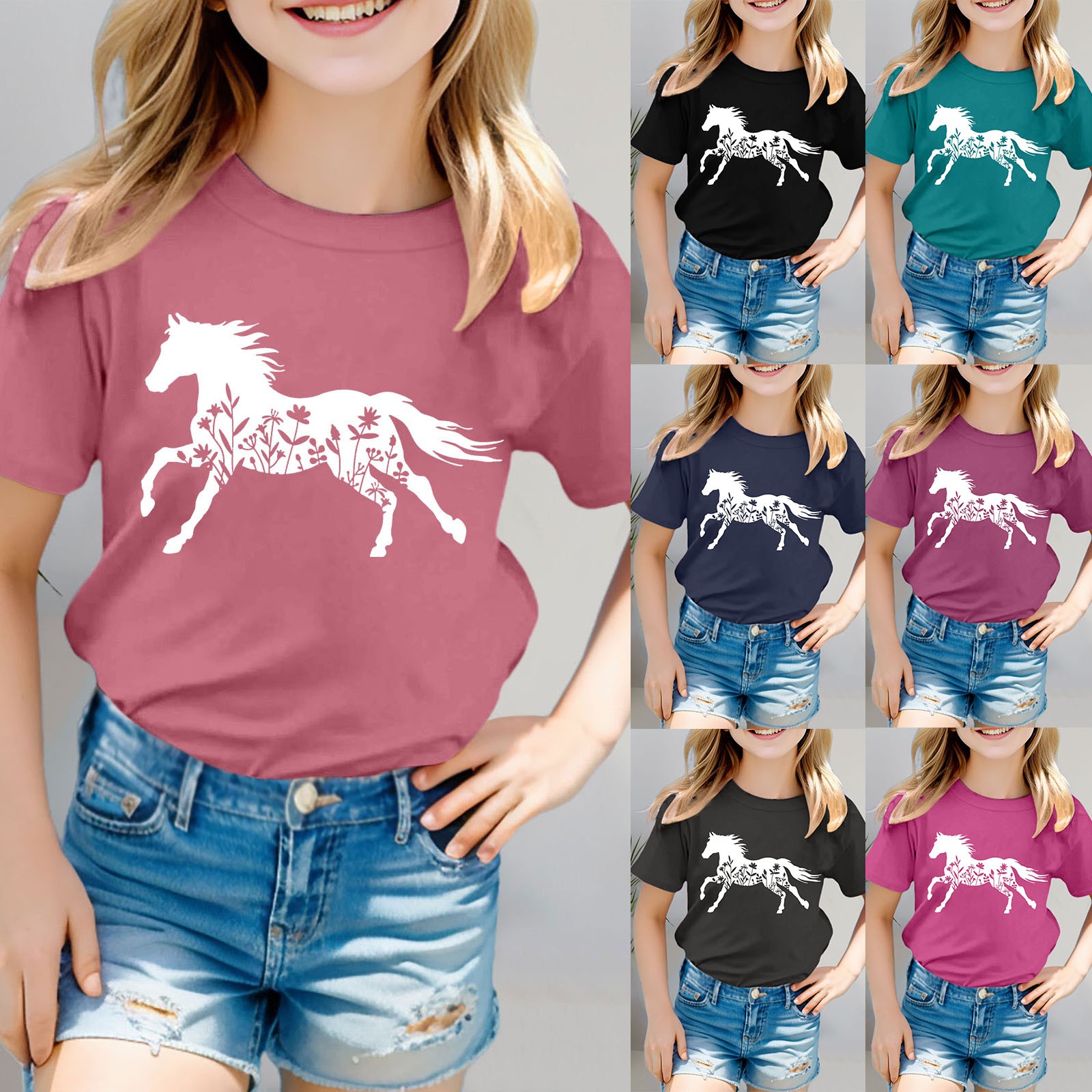 thumbnail video image 2 of FUZHIQ Girls Short Sleeve T-Shirts Horse Print Round Neck Summer Tops Casual Cute Tees,6-7Years, 2 of 6