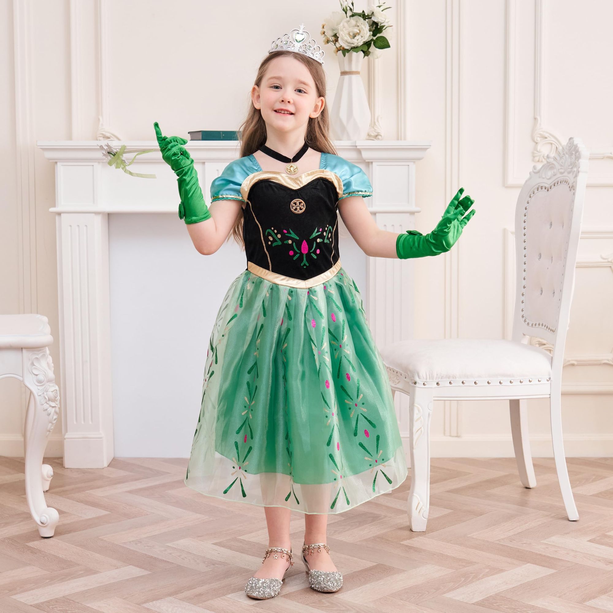 thumbnail video image 2 of Jurebecia Snow Queen Dress Princess Costume for Girls Birthday Party up Clothes Toddler with Accessories Kids Green 130 cm 7-8 Years, 2 of 15