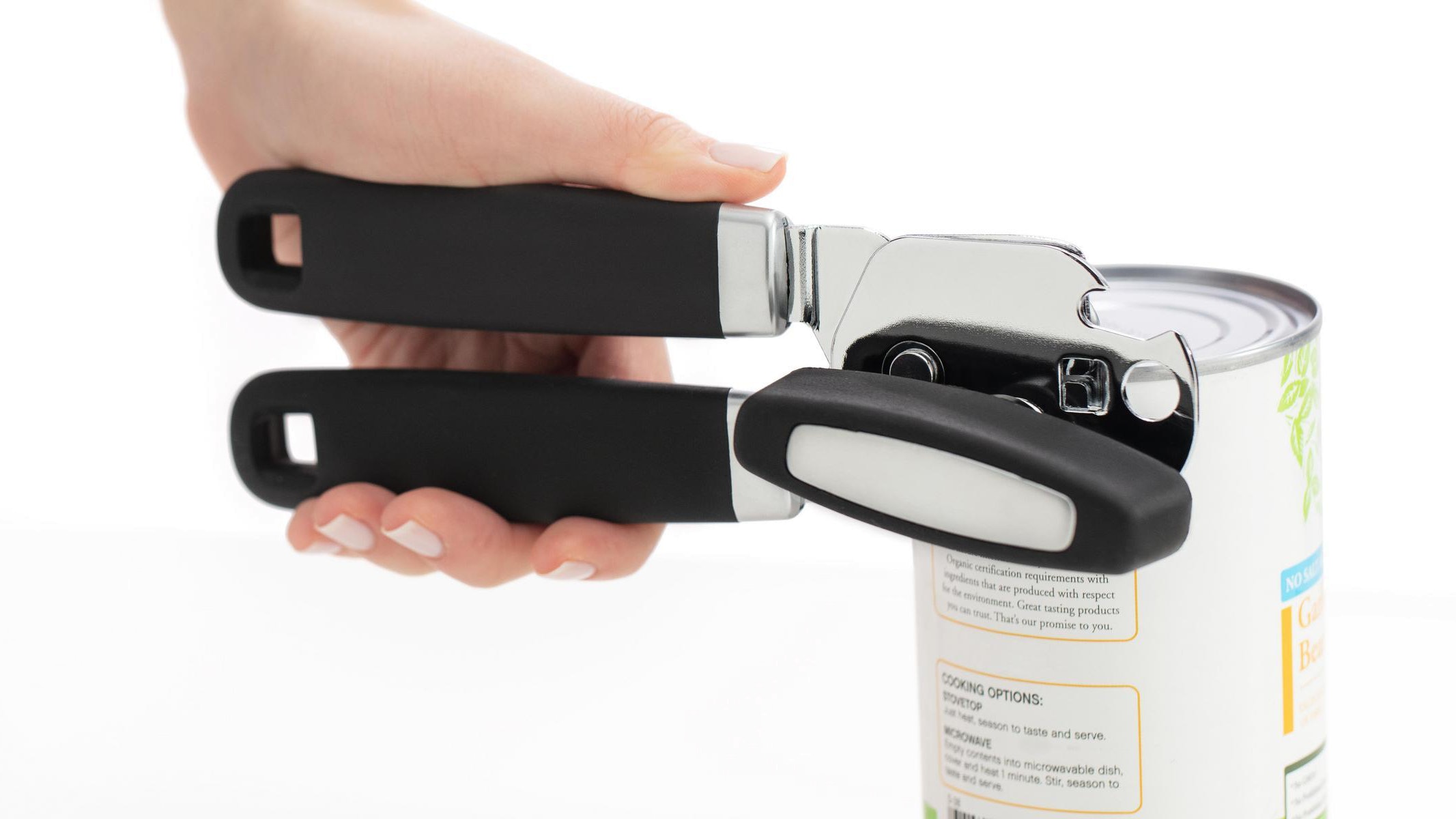 thumbnail video image 2 of GORILLA GRIP Stainless Steel Manual Can Opener, Soft Touch Handle, Built-In Bottle Opener, Onyx, 2 of 10