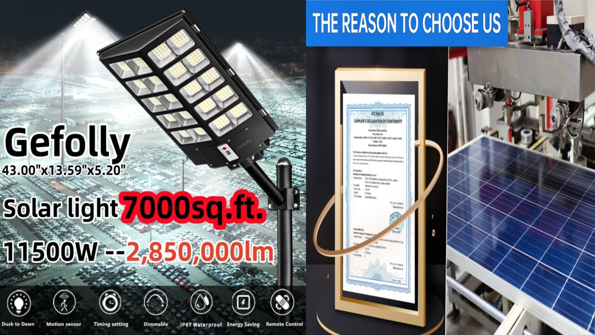 thumbnail video image 2 of Gefolly 11500W Solar Street Lights Outdoor, Security Flood Lights ,Solar Dusk to Dawn Lights Outdoor with Motion Sensor, 2 of 11