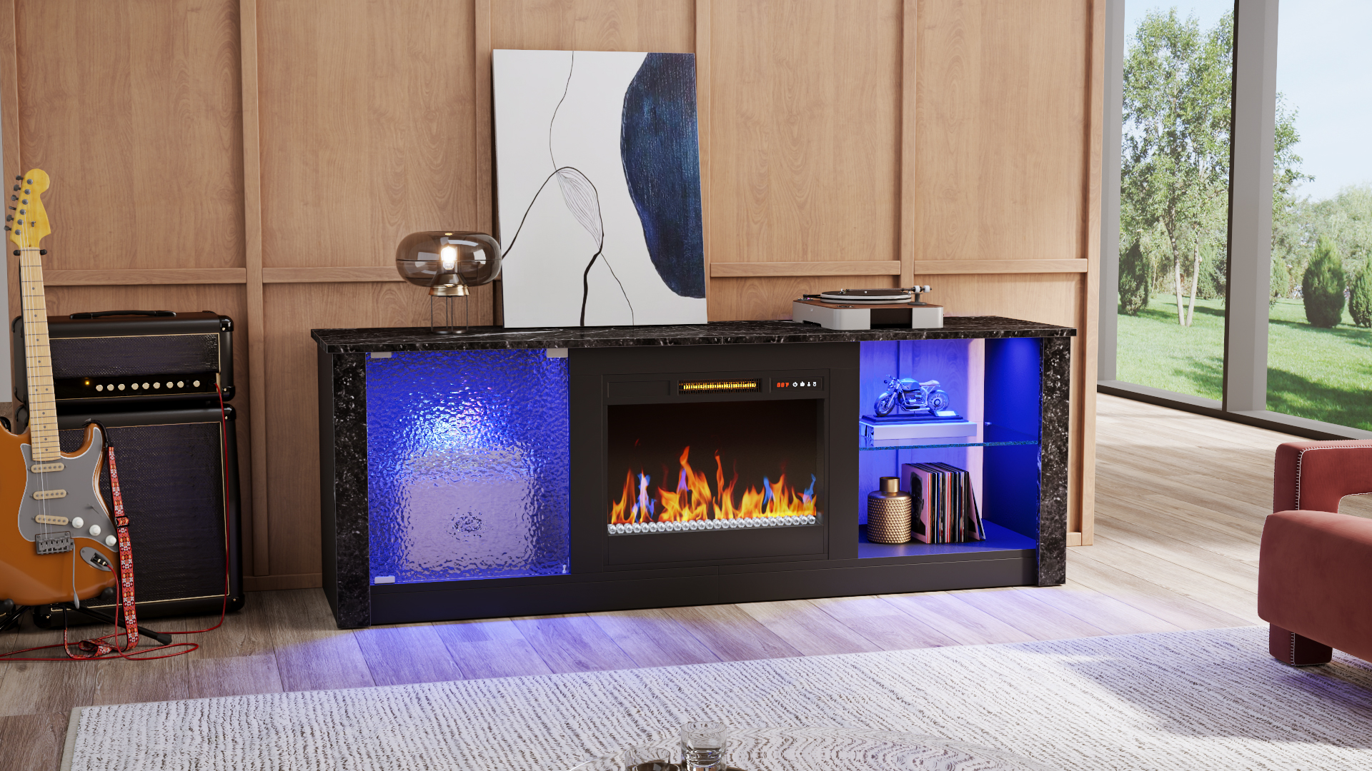 thumbnail video image 2 of Bestier Fireplace TV Stand with 23" Electric Fireplace for TVs up to 70 inch, LED Light Entertainment Center with Adjustable Shelf, Modern Media Console with Highlight Cabinet for Living Room, Brown, 2 of 10