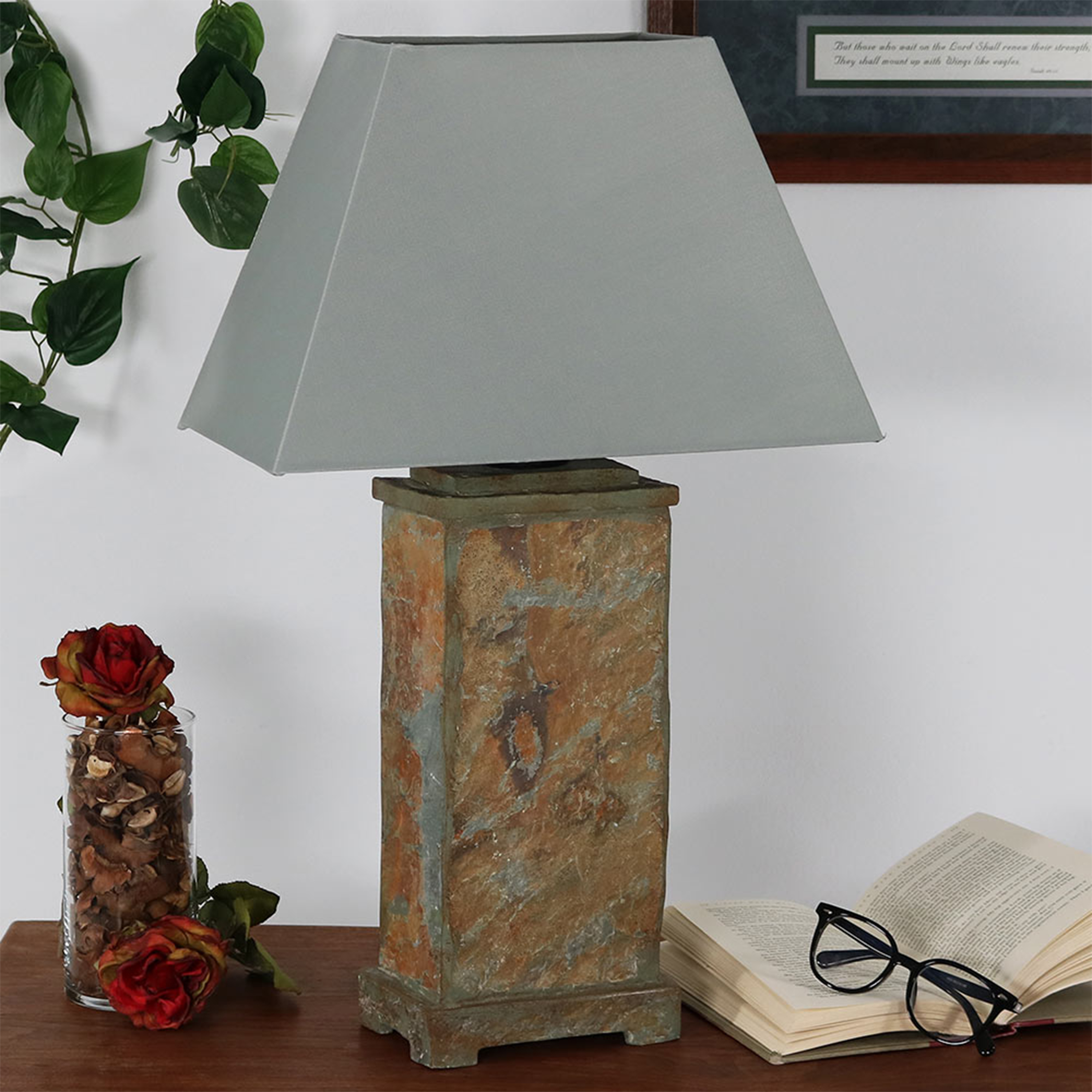thumbnail video image 2 of Sunnydaze 24" Natural Slate Outdoor Table Lamp with Gray Shade, 2 of 10