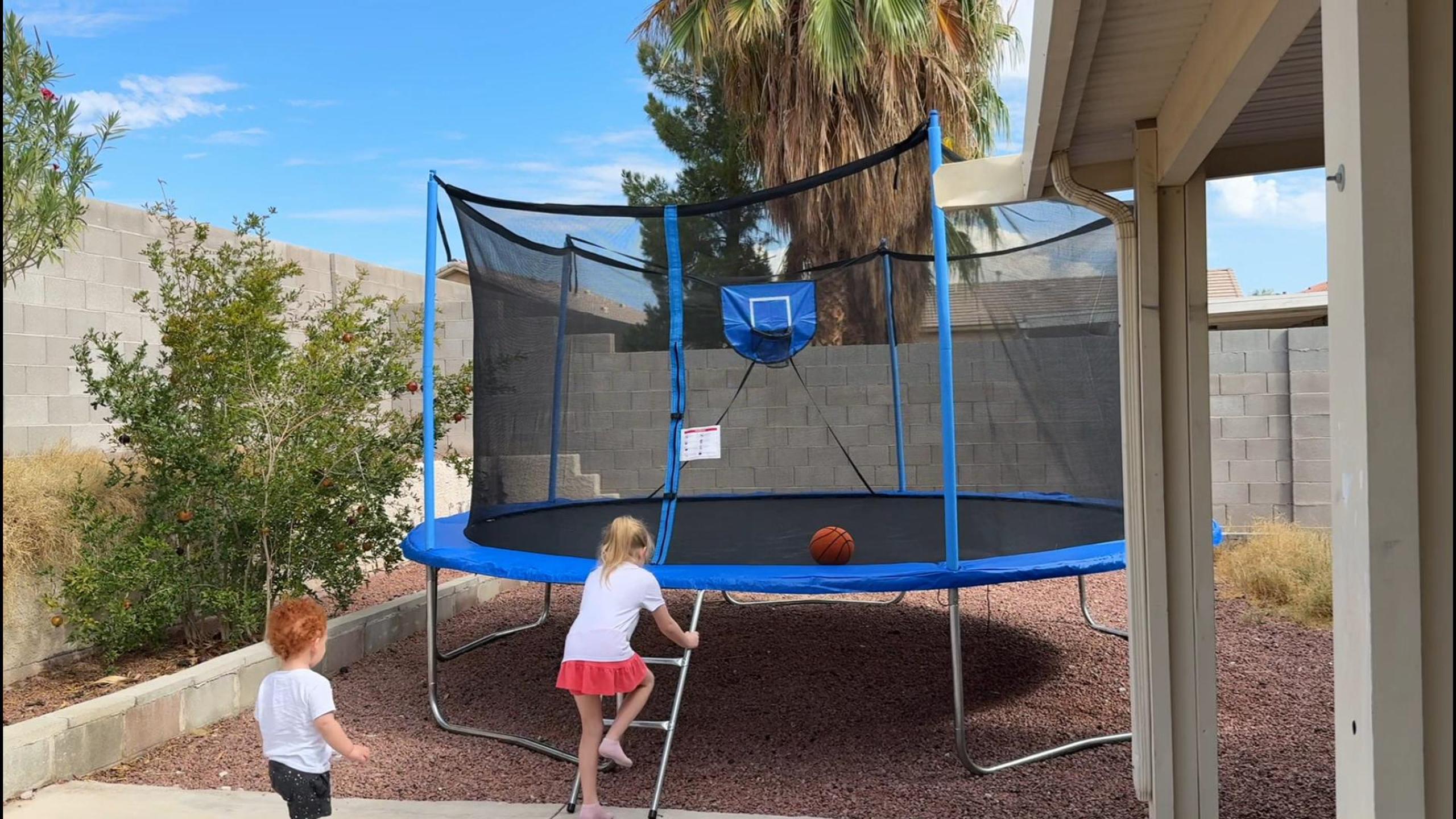 thumbnail video image 2 of Elitezip Trampoline for Kids 16 FT Outdoor Trampolines with Basketball Hoop, Heavy Duty Trampoline with Safety Enclosure Net, Light, Sprinkler, Ladder, 1500LBS Weight Capacity Backyard Trampolines, 2 of 9