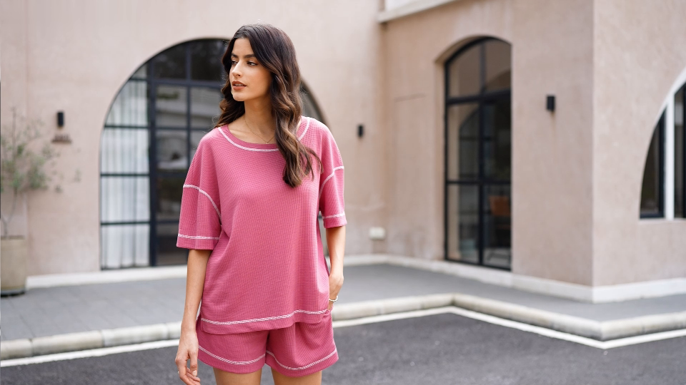 thumbnail video image 2 of Avidlove Waffle Knit Pajamas Set for Women 2 Piece Short Sleeve Lounge Top and Shorts Loungewear Drop Shoulder Pjs Sleepwear, 2 of 8