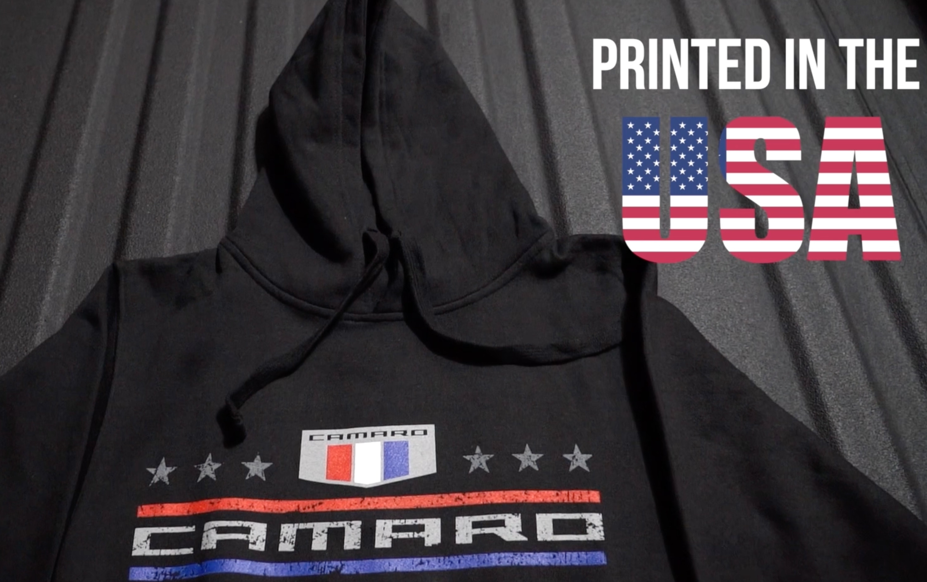 thumbnail video image 2 of JH Design Group Mens Chevy Camaro Hoodie Distressed American Flag 2-Sided Sweatshirt, 2 of 7