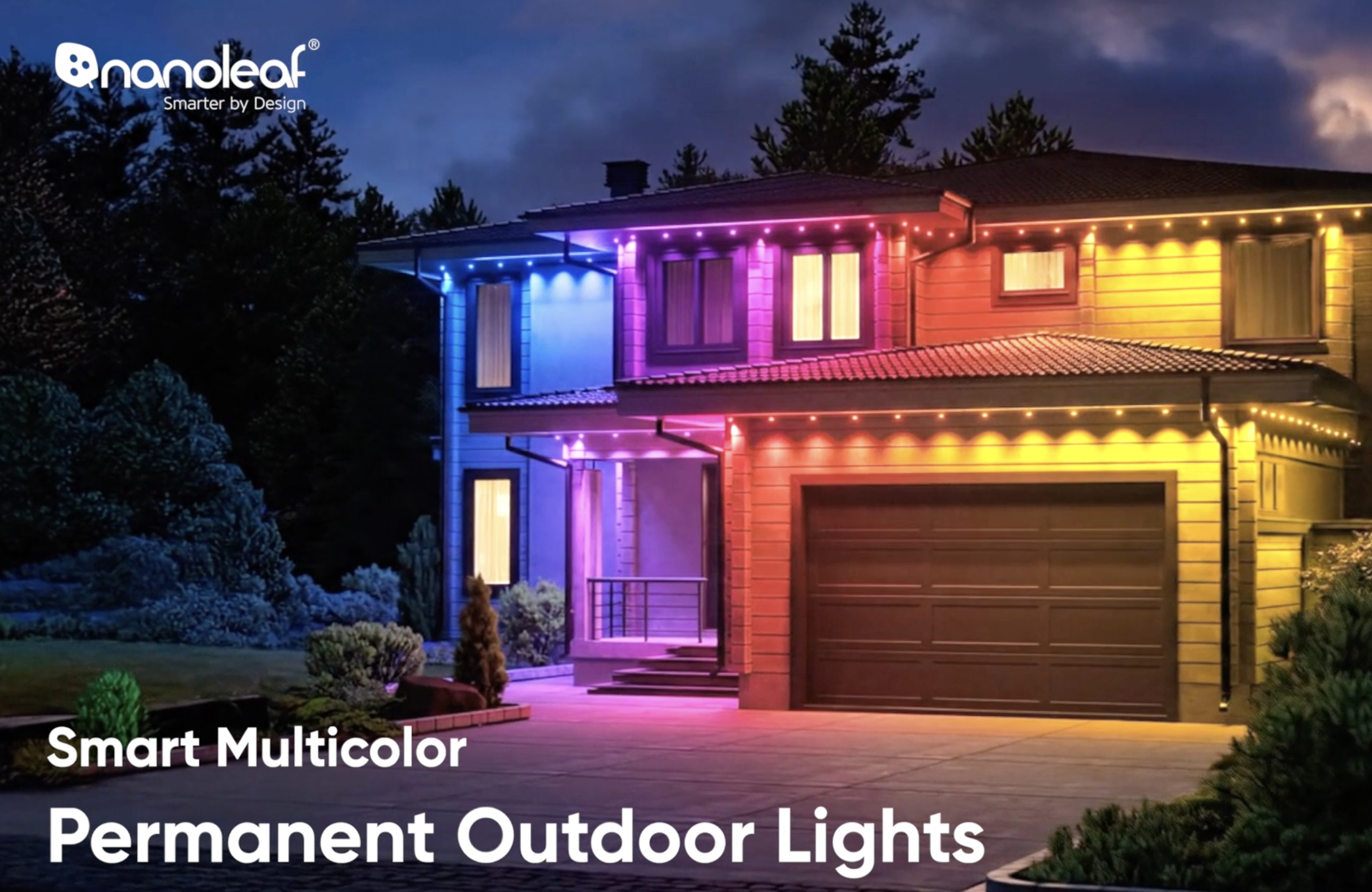 thumbnail video image 2 of Nanoleaf 100ft Matter Smart Multicolor Permanent Outdoor Lights Smarter Kit with Side Clips – Plug-in RGBICW Addressable LED Pucks, Cuttable & Extendable, 2 of 10
