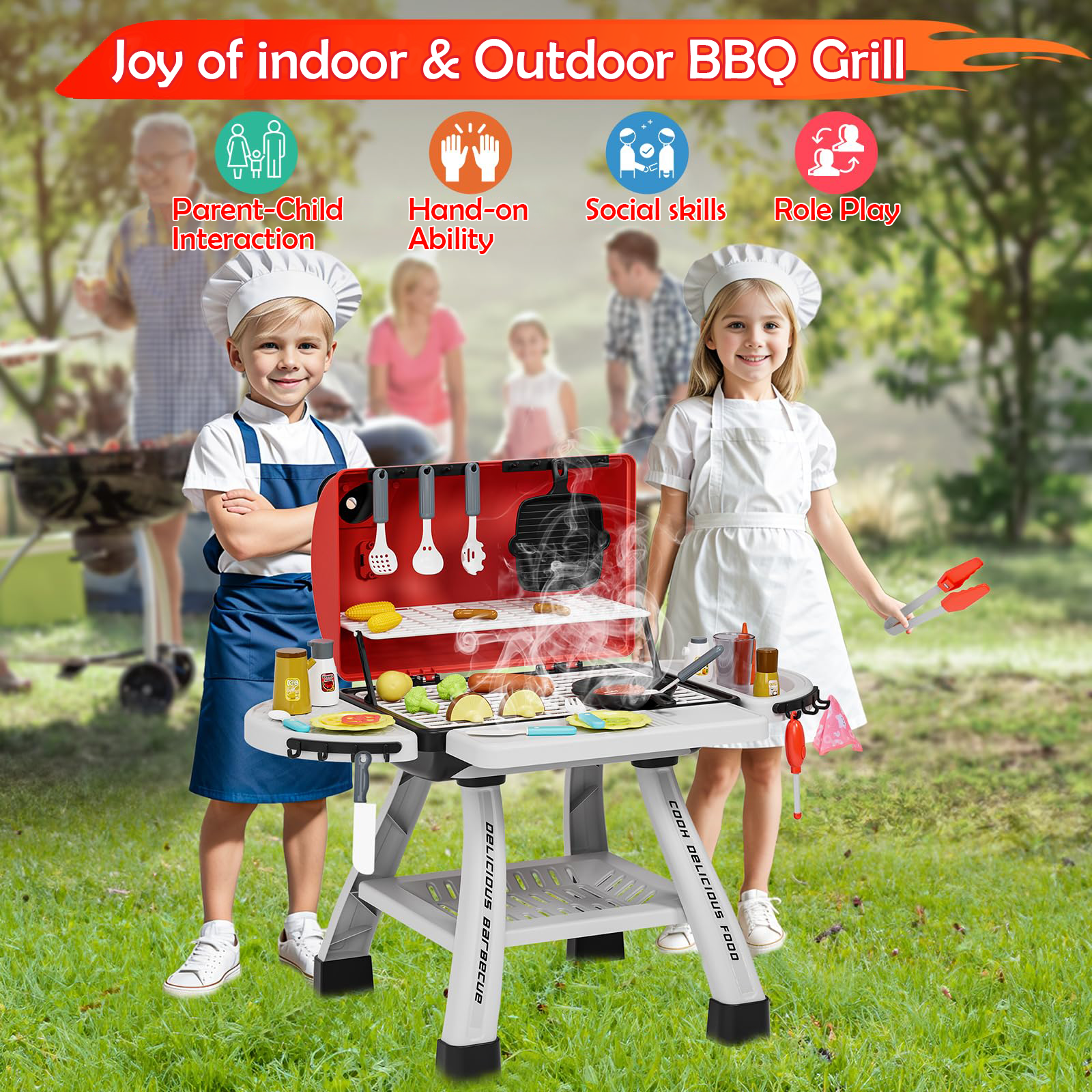thumbnail video image 2 of Kitchen Playset Toys For Kids Toys, Kids BBQ Grill Playset with Smoke, Sound & Light, Toy Grill for Kids, Pretend Play Food, Interactive Toys Barbecue Cooking Game for Toddlers Boys Girls 3-5, 2 of 9