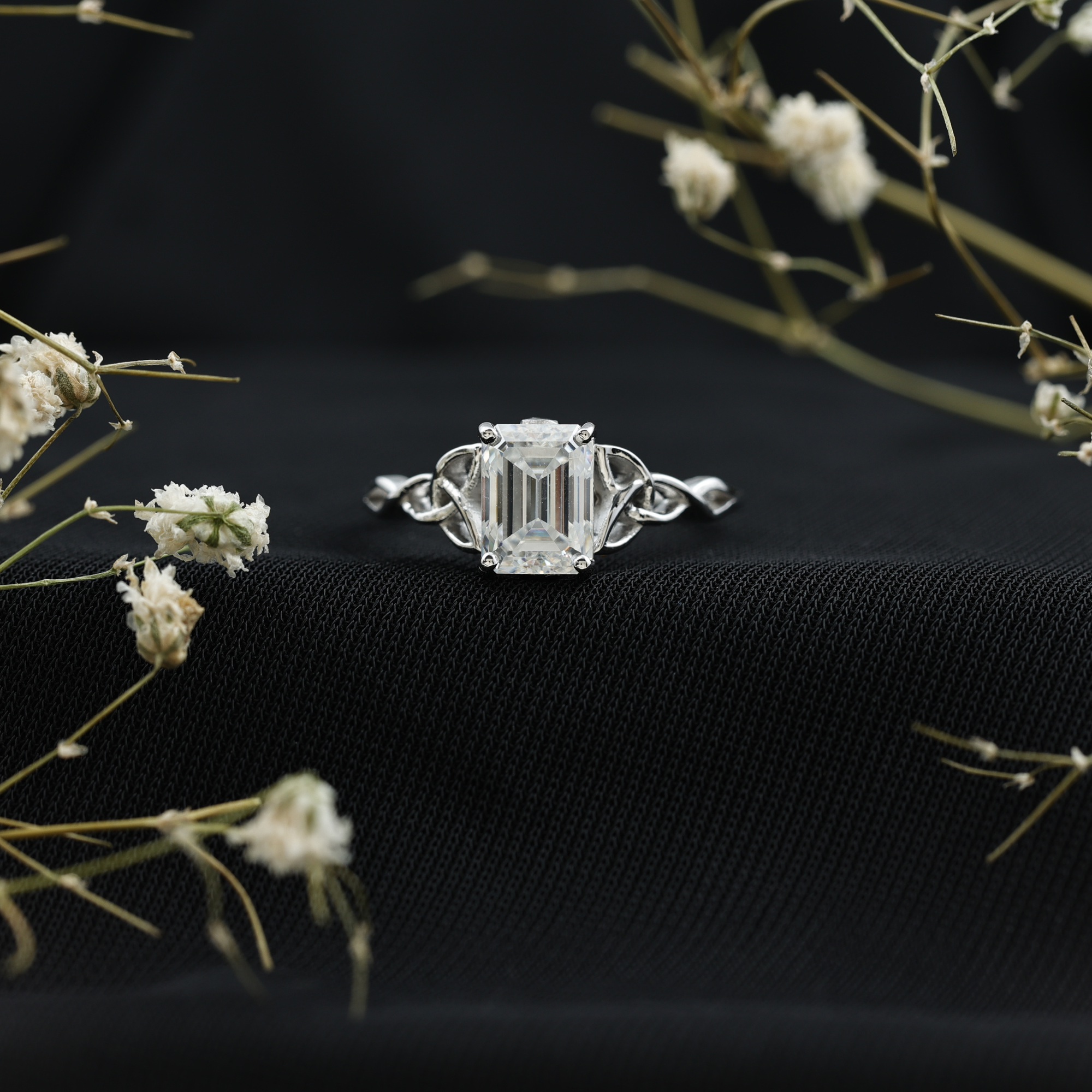 thumbnail video image 2 of Rosec Jewels Moissanite Emerald Cut Engagement Ring with Celtic Knot - 6X8 mm Moissanite Solitaire Ring - D-VS1 Quality, 14K White Gold, US 12.50, 2 of 9