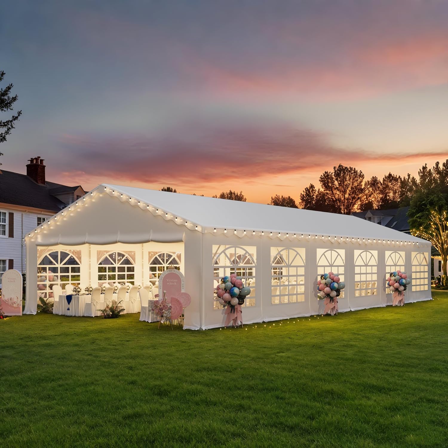 thumbnail video image 2 of Erommy 20x60 ft Heavy Duty Party Tent, Large Outdoor Wedding Tent with Removable Sidewalls & 2 Roll-Up Doors，White, 2 of 9