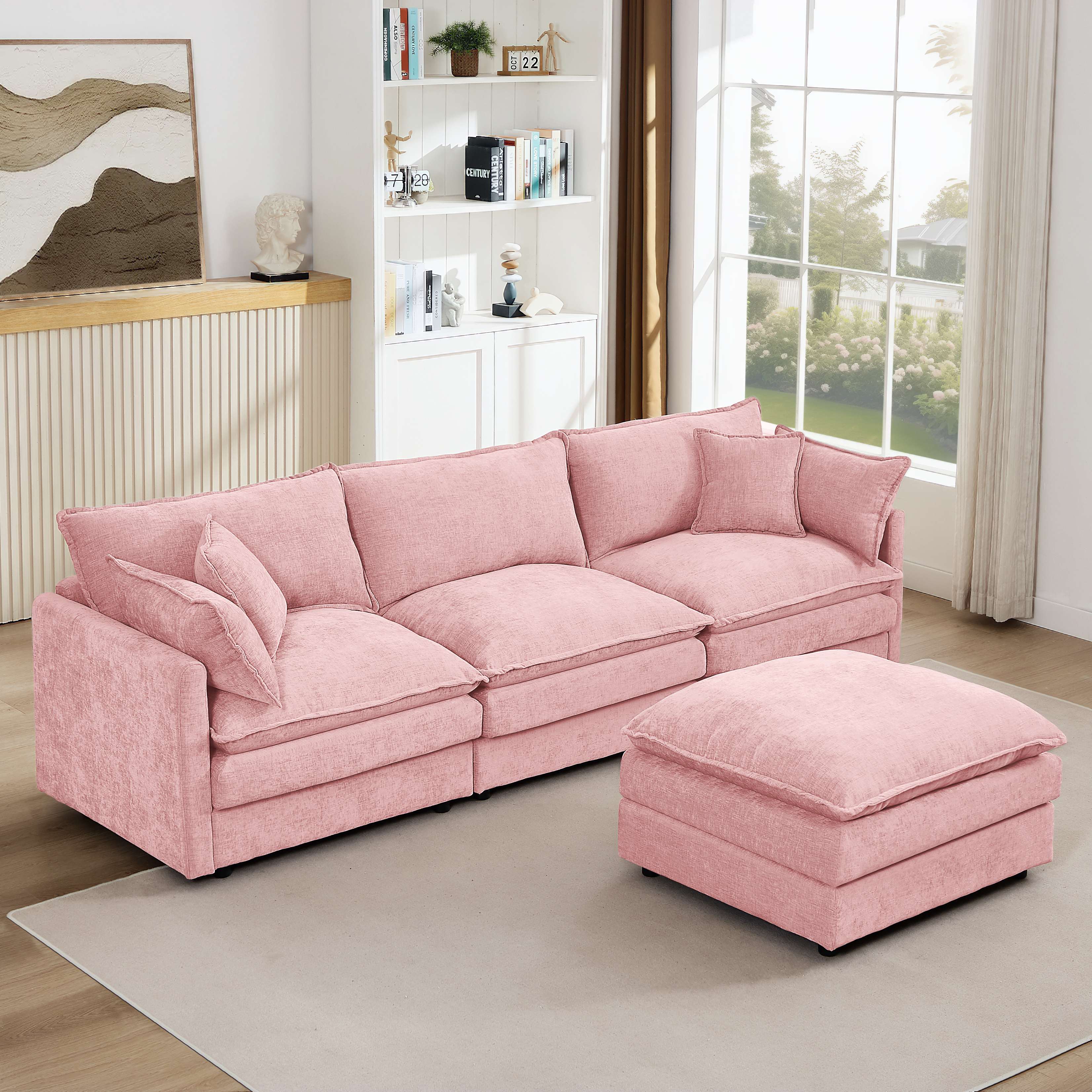 thumbnail video image 2 of JONPONY 105" Cloud Couch,L Shaped Modular Sectional Sofa with Movable Ottoman,3 Oversized Seats Sleeper Couches for Living Room,Chenille Pink, 2 of 11