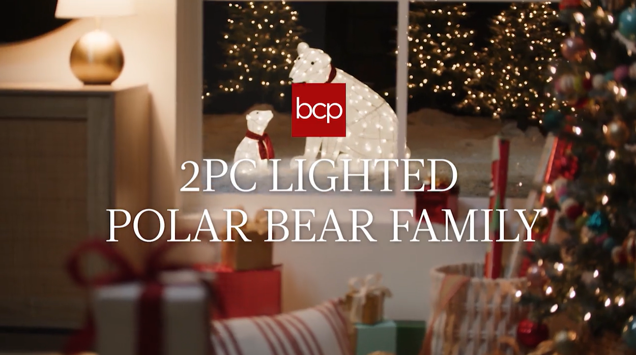 thumbnail video image 2 of Best Choice Products Large Lighted Polar Bear Family w/ 145 Pre-Strung LED Lights, Zip Ties, Ground Stakes - Red/White, 2 of 8