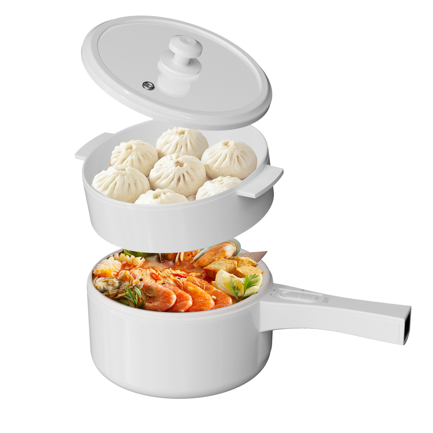 thumbnail video image 2 of 1.5L Electric Hot Pot with Steamer, Ceramic Non-Stick, Portable Travel Cooker for Ramen/Steak/Fried Rice/Soup/Egg with Dual Power Control, 2 of 9
