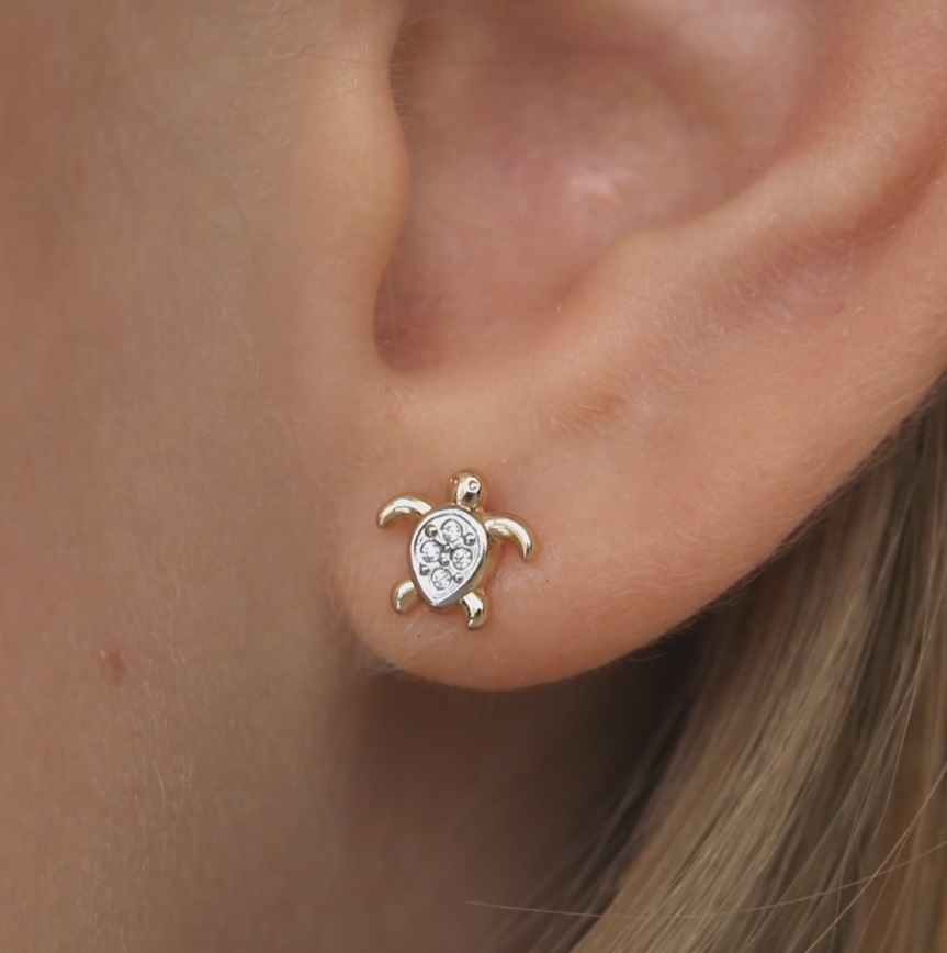 thumbnail video image 2 of 14k Gold Twinkle Turtle Kids / Children's / Girls Earrings Safety Screw Back, 2 of 7