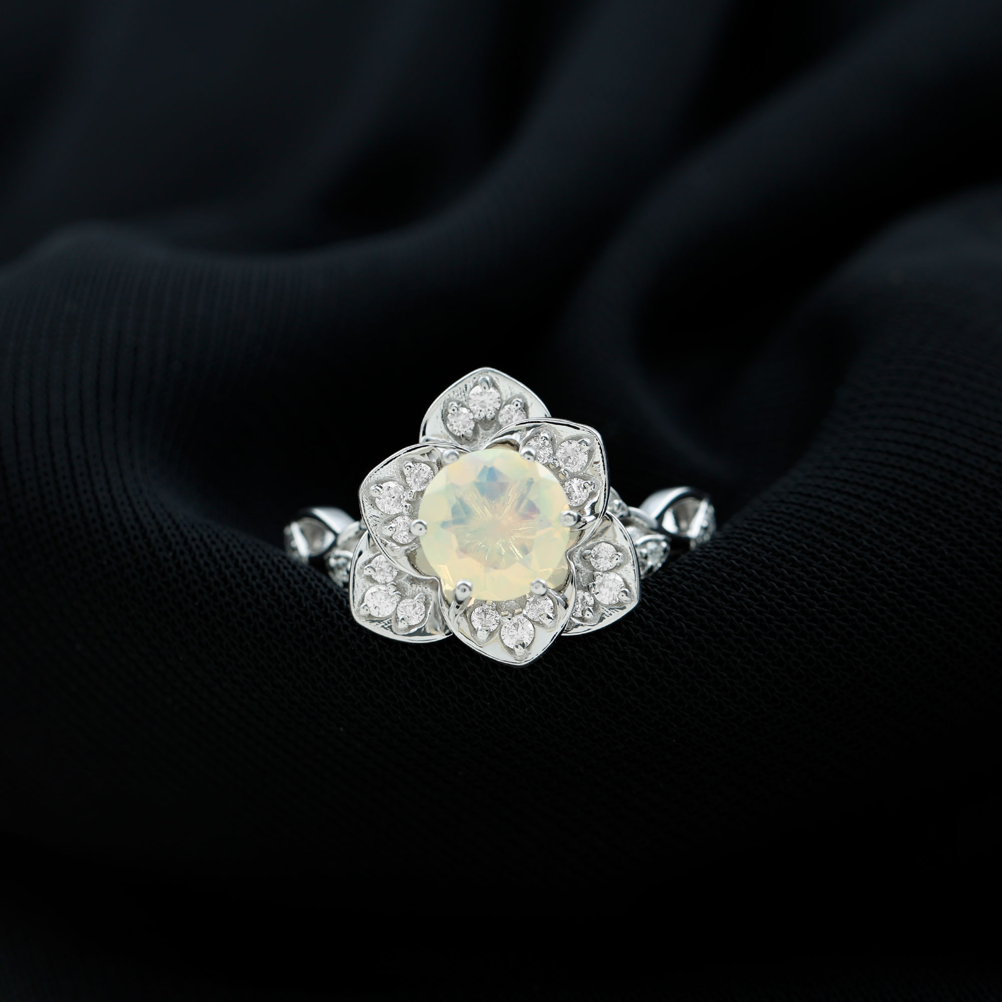thumbnail video image 2 of Rosec Jewels Real Ethiopian Opal Flower Engagement Ring (8mm, AAA Quality) - Opal Statement Ring with Diamond - with Jewelry Box, 14K White Gold, US 6.50, 2 of 9
