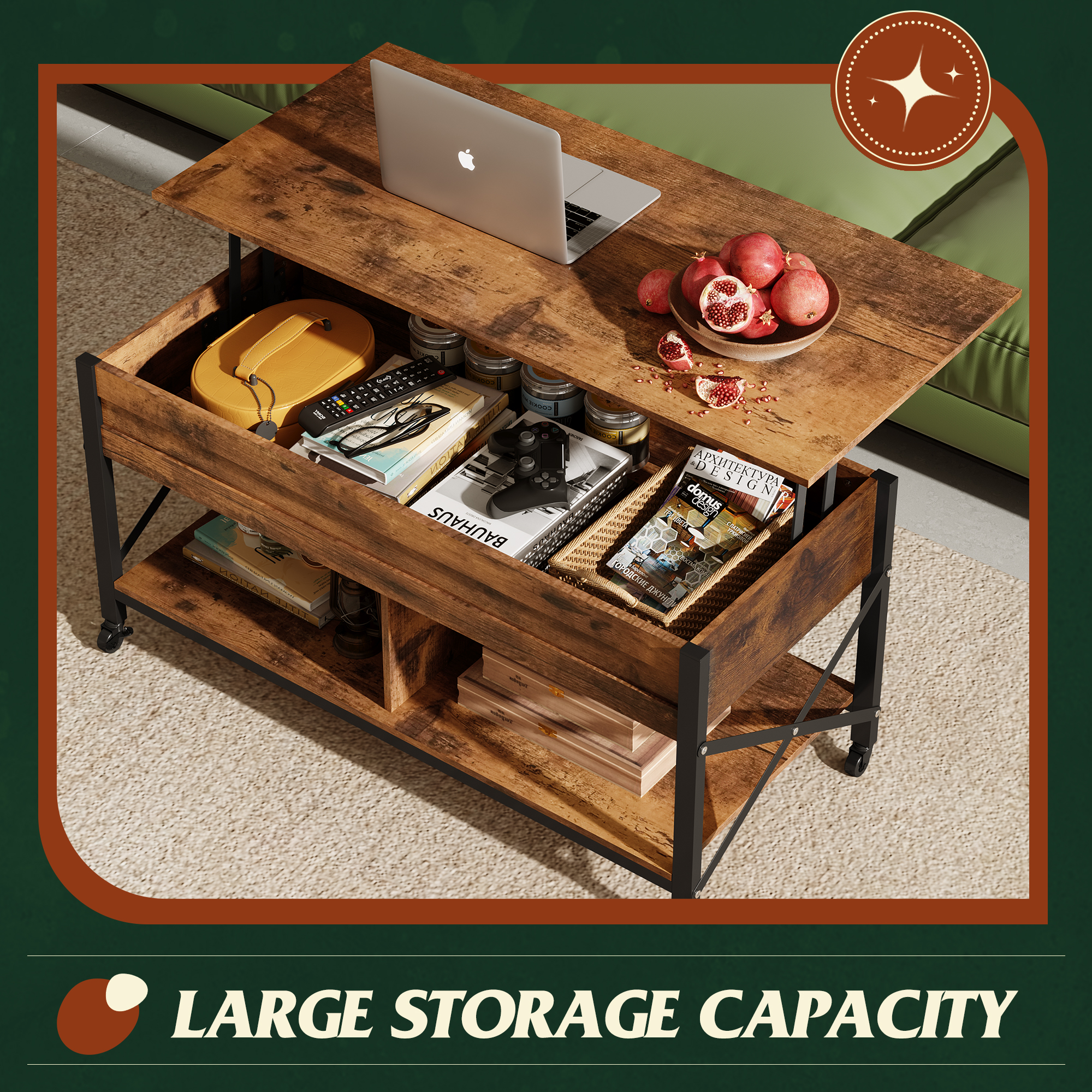 thumbnail video image 2 of GALAXHERO Coffee Table, 41.3" Lift Top Coffee Table with 4 Wheels, Hidden Compartment, Storage Shelf and Lift Tabletop for Living Room, Reception Room, Rustic Brown, 2 of 7