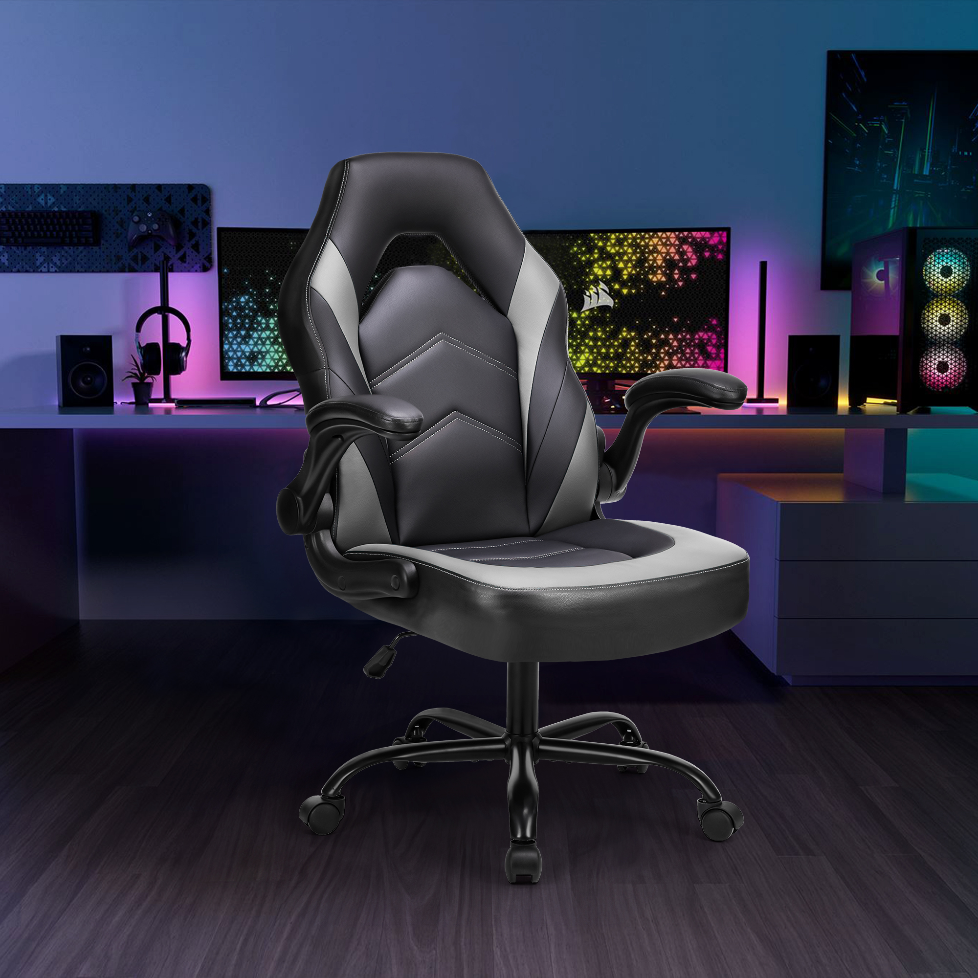 thumbnail video image 2 of JONPONY Ergonomic Gaming Desk Chair - Adjustable PU Leather Swivel Racing Chair with Flip-up Armrests for Home Office and Entertainment, Perfect for Adults, Kids, and Gamers, Black Grey, 2 of 8
