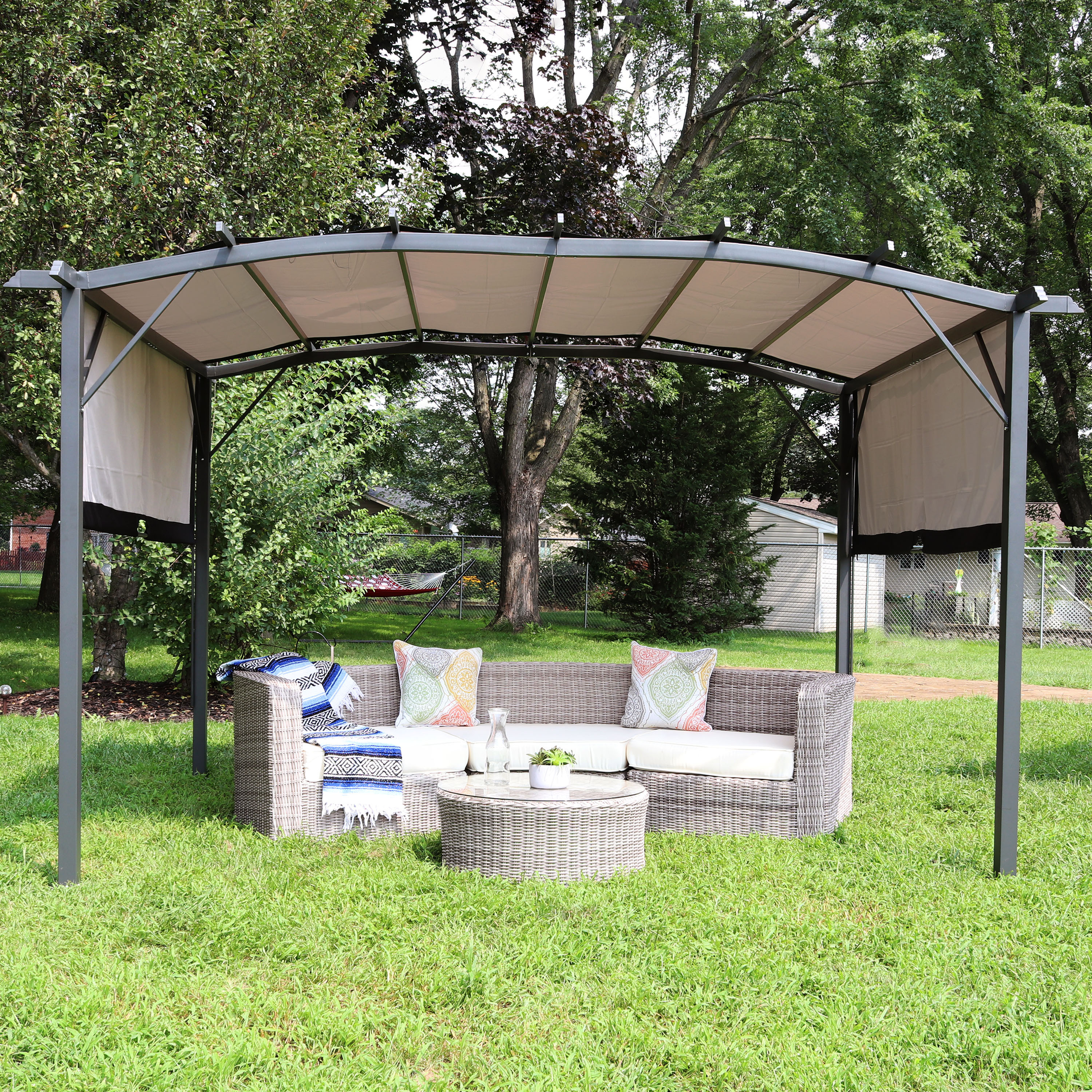 thumbnail video image 2 of Sunnydaze 9' x 12' x 7.5' Tan Steel Pergola, 2 of 9