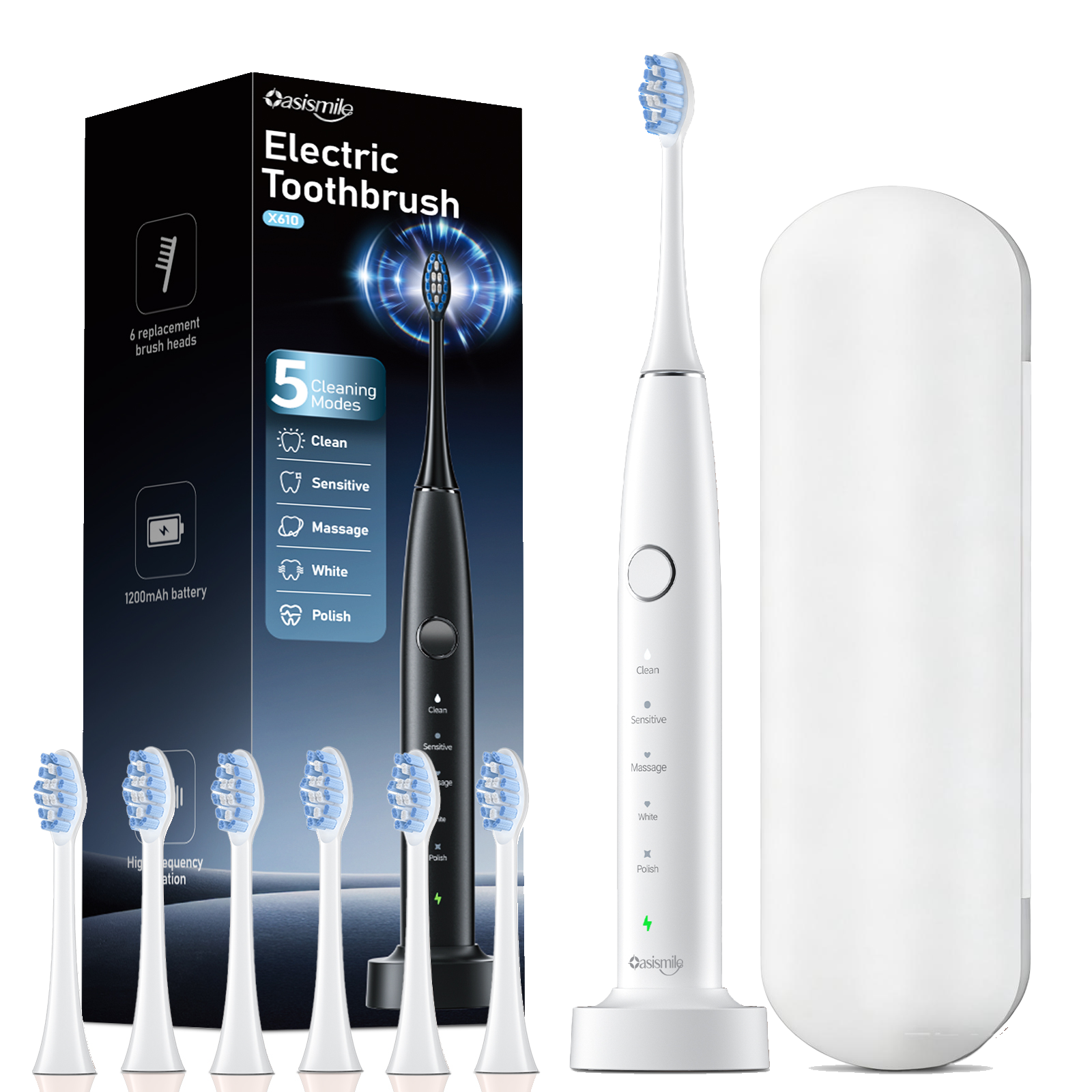 thumbnail video image 2 of OasiSmile Sonic Electric Toothbrush Set for Adults with Travel Case, 6 Brush Heads, 60-Day Battery Life, 5 Modes 42000 VPM Rechargeable Power Toothbrush, White, 2 of 8
